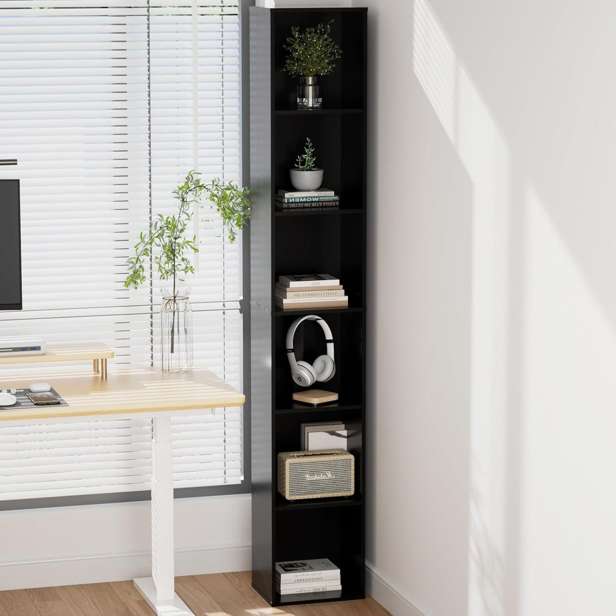 Tall Narrow Bookshelf 6-Tier Bookcase,70.5" Skinny Thin Corner Shelf Slim Storage Cabinet,Wood DVD CD Media Cube Organizer Tower Rack for Small Spaces, Bedroom, Living Room, Office,Black