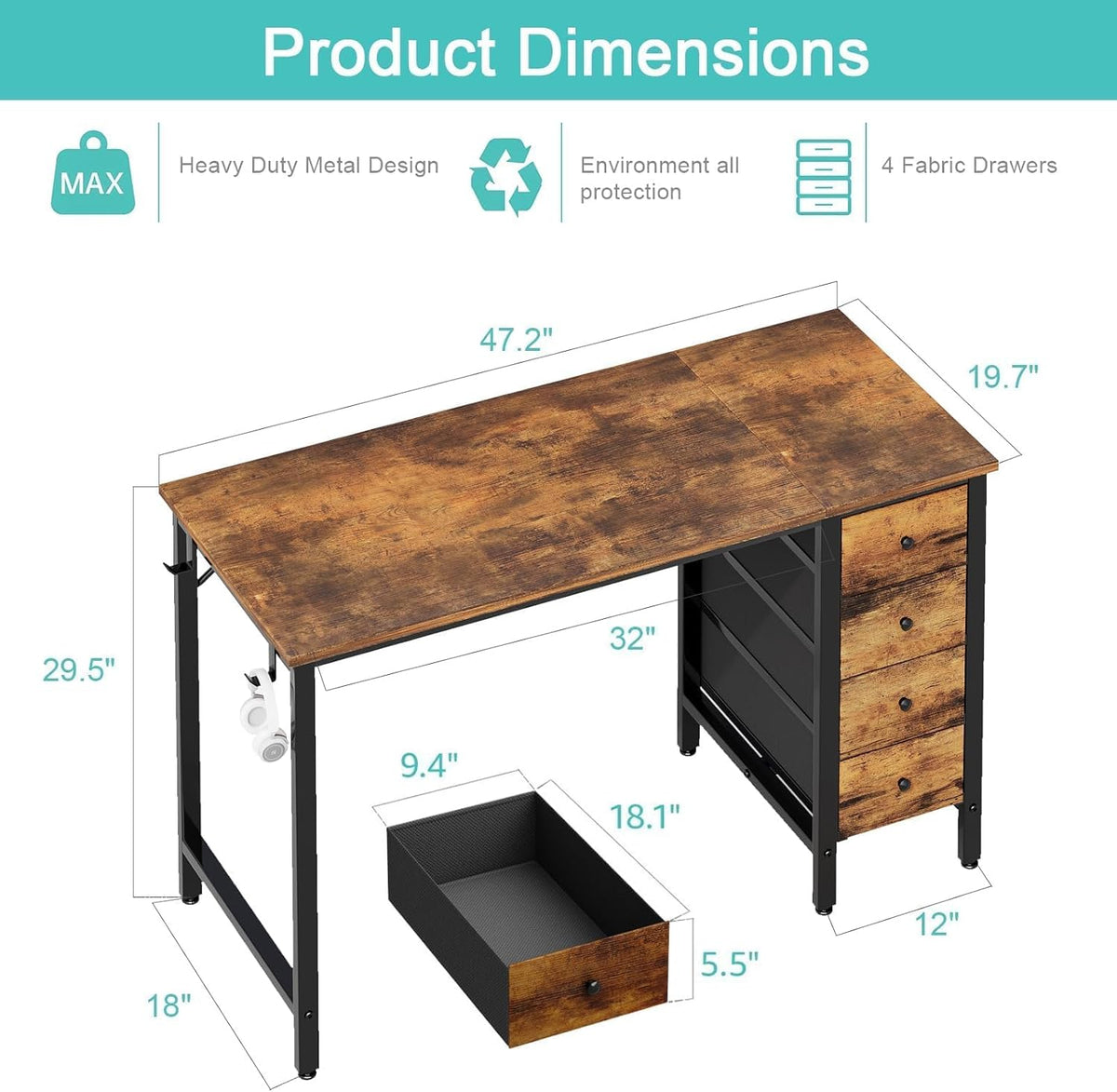 Lufeiya 47 inch Computer Desk with 4 Fabric Drawers, Reversible Writing Work Study Desk for Home Office Bedroom, Modern Simple Student PC Desks, Rustic Brown