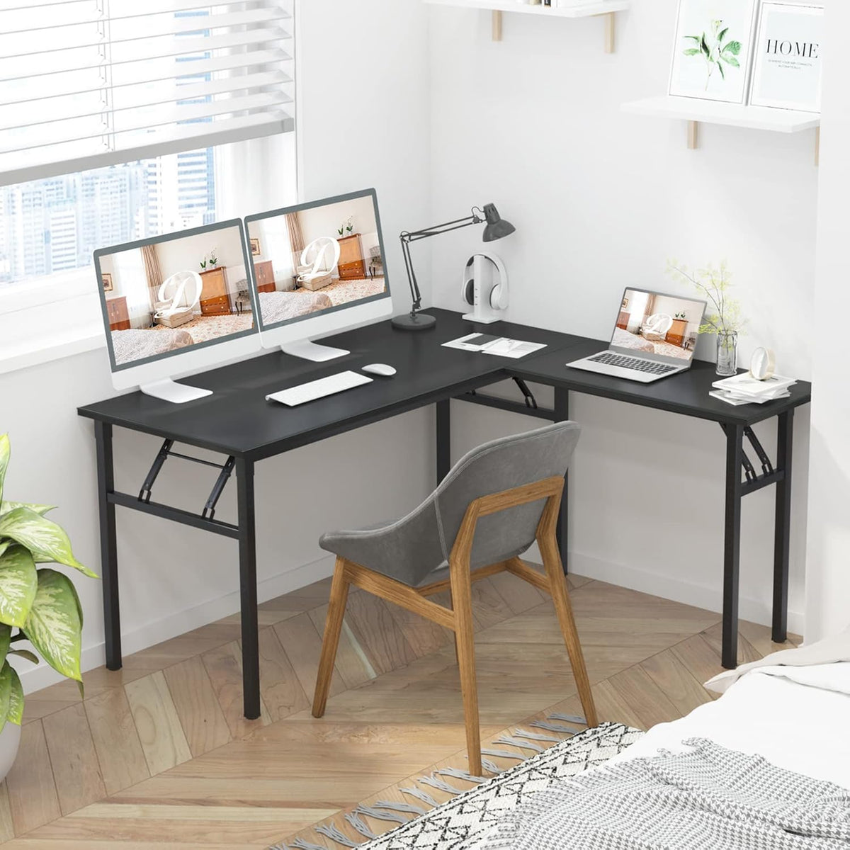 DlandHome Reversible L-Shaped Desk Large Corner Desk Folding Table Computer Desk Home Office Table Computer Workstation,Black-N