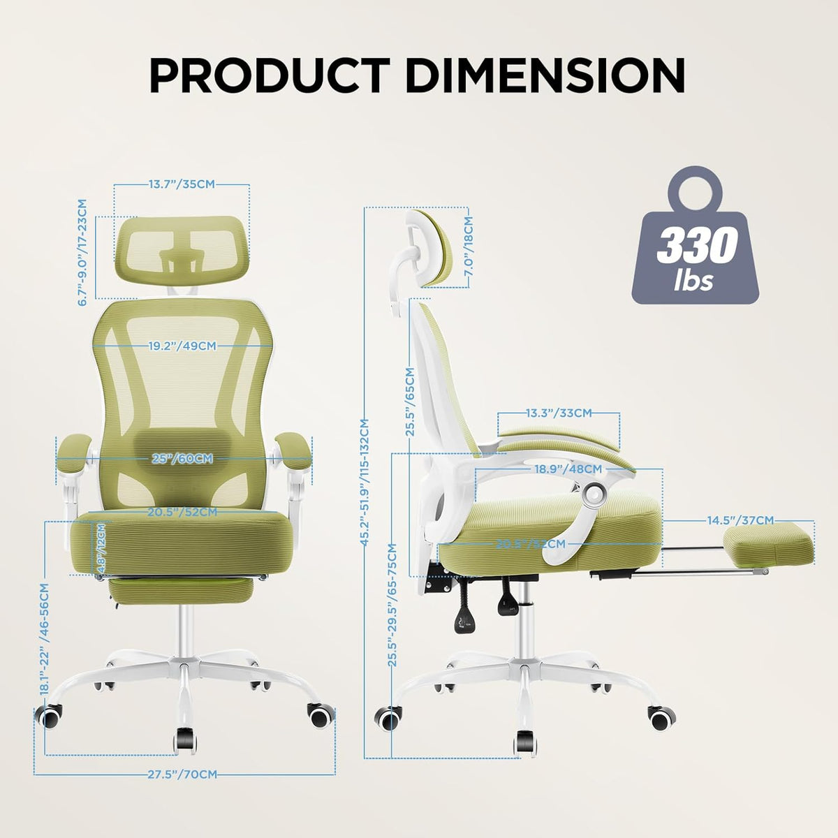 Ergonomic Office Chair with Footrest,Ultra Thick Reclining Office Desk Chair with Adjustable 2D Lumbar Support and Headrest,Spring Cushion,High Back Premium Mesh Computer Chair Office Chairs,Green