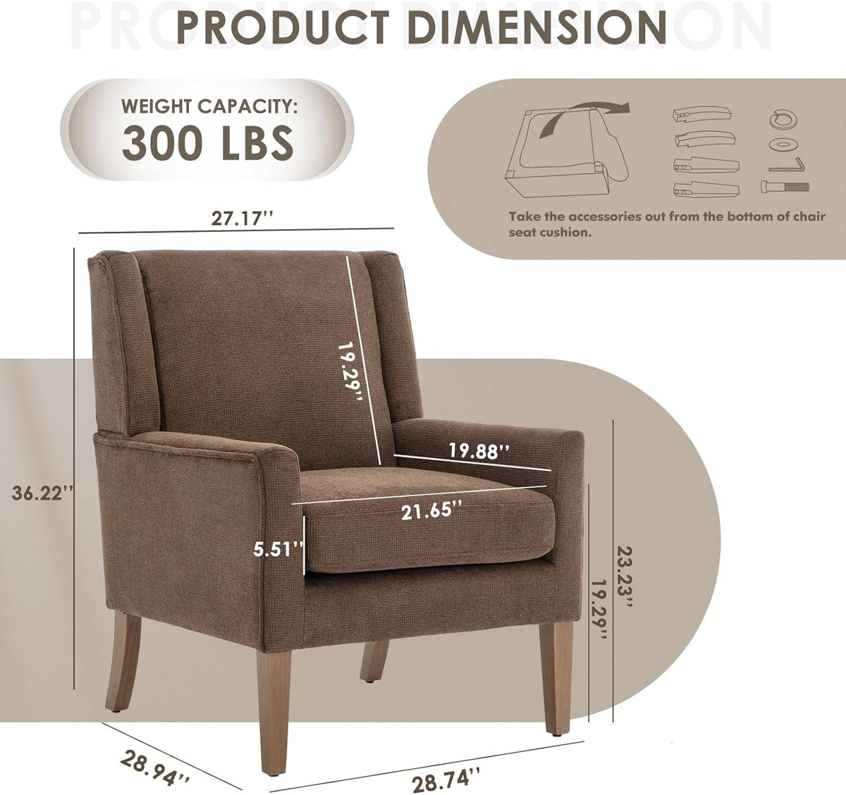 COLAMY Modern Wingback Living Room Chair, Upholstered Fabric Accent Armchair, Single Sofa Chair with Lounge Seat and Wood Legs for Bedroom/Office/Reading Spaces, Brown
