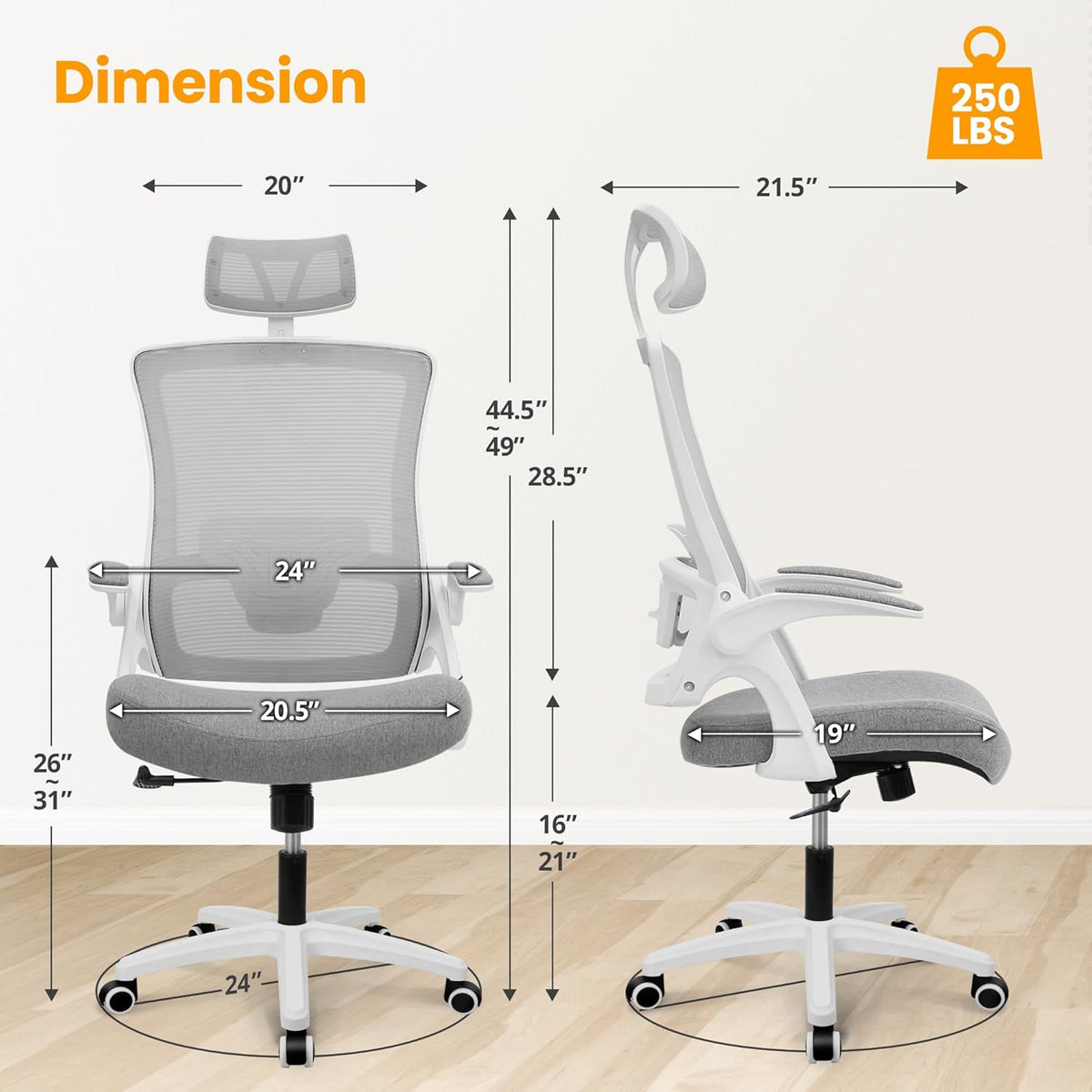 NEO CHAIR Ergonomic Office Desk Chair High Back Computer Gaming Mesh Chair with Comfy Task Adjustable Arms Lumbar Support Headrest Swivel for Home Office (Grey)