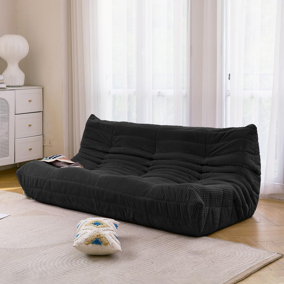 N&V Fireside Three Seater Sofa, Mid Century Armless Twin Size Floor Sofa, Soft Premium Corduroy Floor Lounge Chair, Foam Sofa Accent Chair for Living Room, Bedroom (Black)
