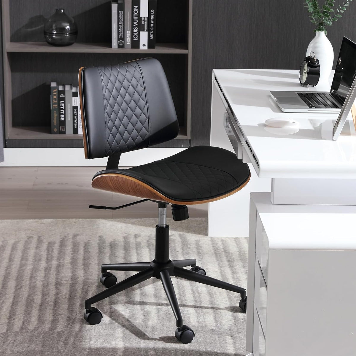 Home Office Chair No Arms with Wheels, Adjustable Height Small Desk Chair, PU Leather Mid Back 360 Swivel Computer Chair, Armless Modern Walnut Chair for Office, Reading Meeting Room(Black)