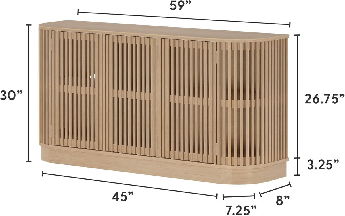Plank+Beam Contour Wood TV Stand, Three Door Solid Wood Entertainment Console with Storage, 59" L x 16" W x 30" H, Blonde