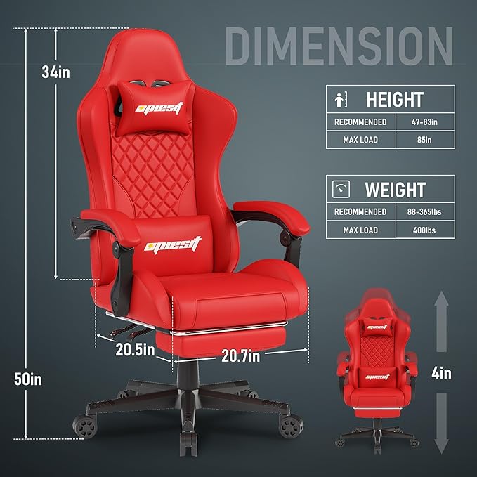 Gaming Chair,Ergonomic Computer Chairs for Adults with Footrest, PU Leather Office Chair with Adjustable Lumbar Support & Pocket Spring Cushion - Heavy Duty 400lb Capacity Gamer Chair (Red)