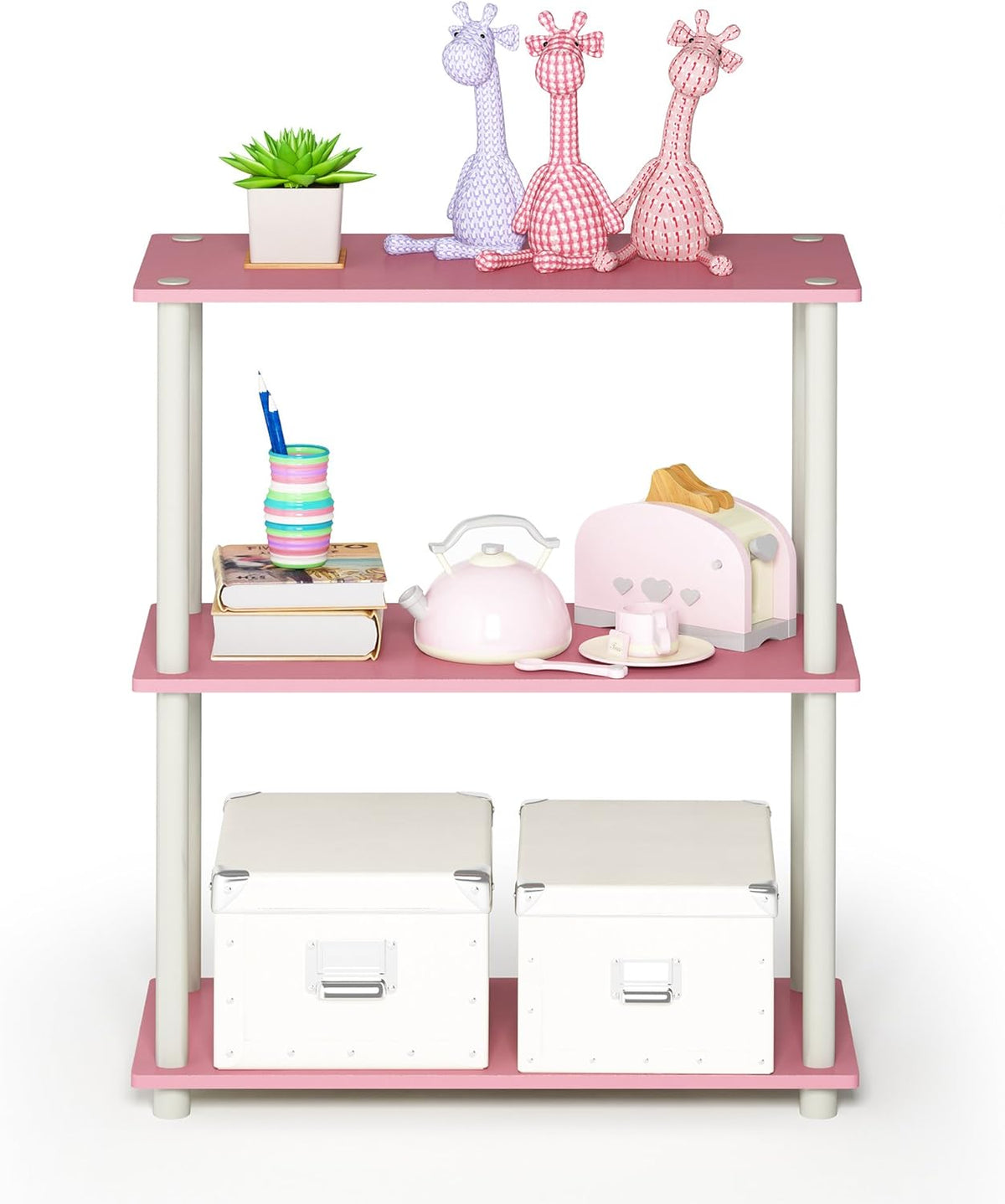 Furinno Turn-N-Tube 3-Tier Compact Multipurpose Shelf Display Rack, Pink/White