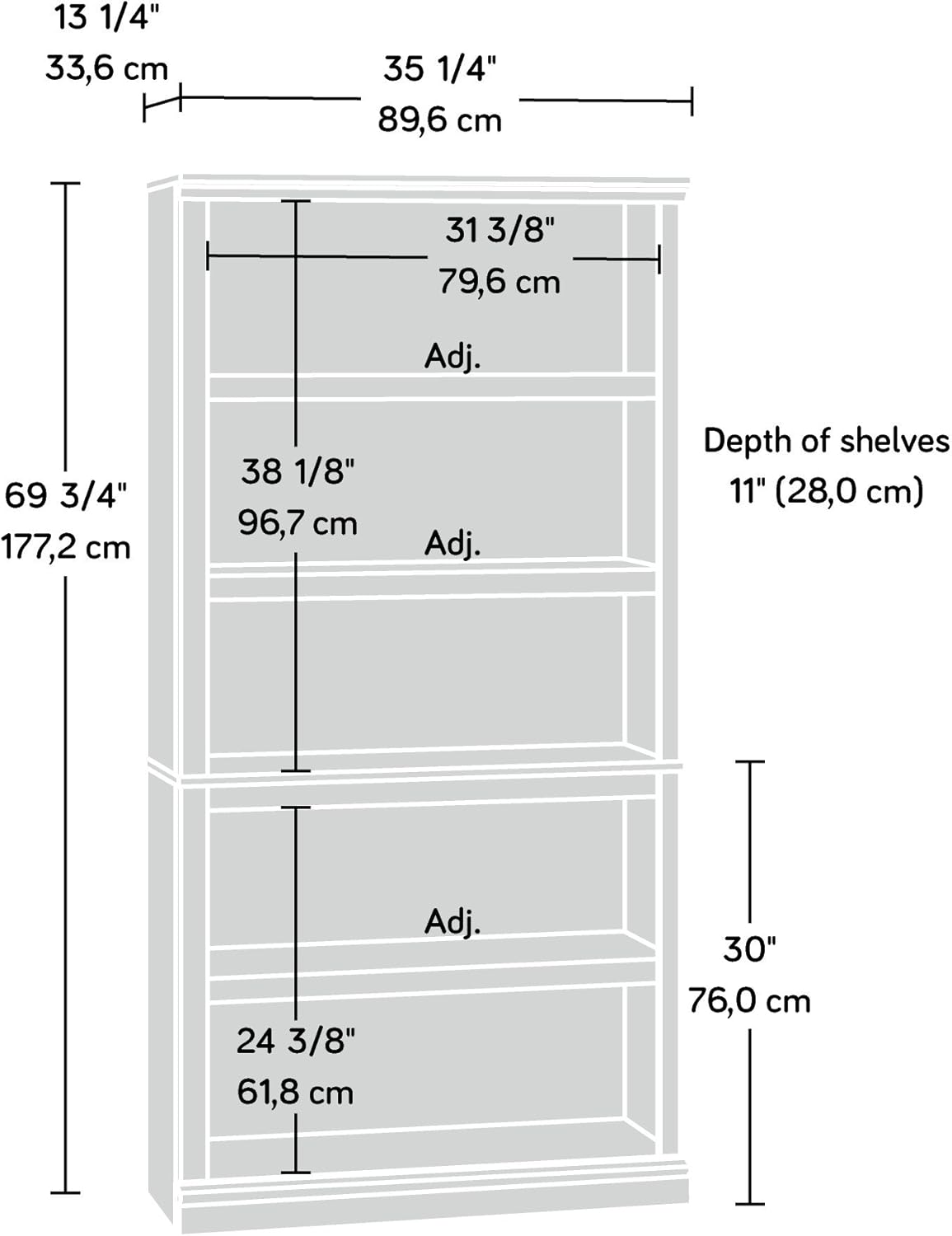 Sauder 5-Shelf Bookcase/ Book shelf, L: 35.28" x W: 13.23" x H: 69.76", Cinnamon Cherry finish