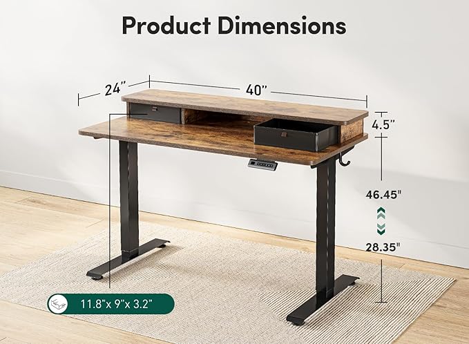 FEZIBO 40 x 24 Inch Height Adjustable Electric Standing Desk with Double Drawer, Computer Desk, Home Office Stand Up Table with 4 Height-Adjustable Feets & 2 Hooks, Rustic Brown