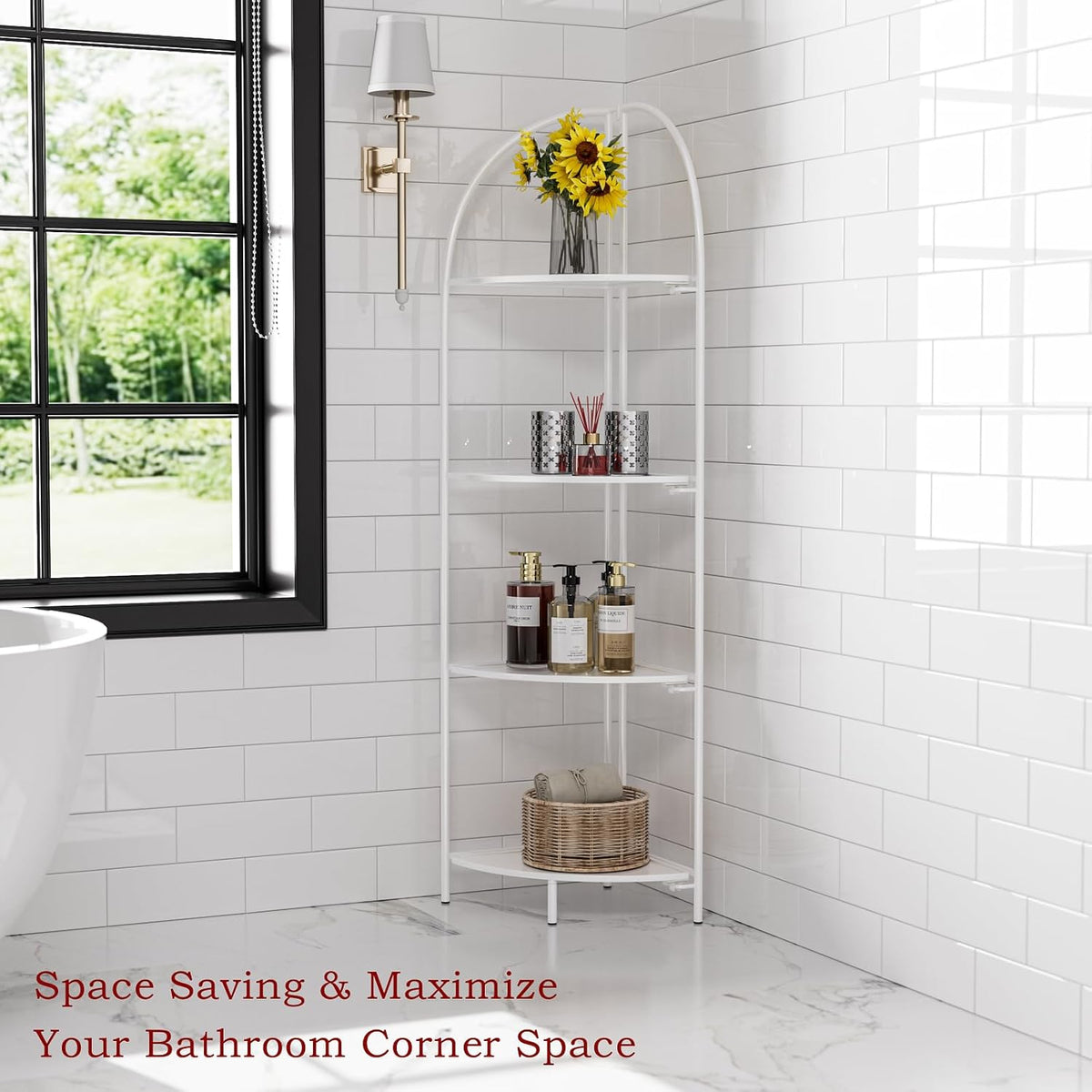 Crofy Foldable 4 Tier Corner Shelf, Metal Corner Plant Stand with White Frame and White Shelves, Corner Display Rack Multipurpose Shelving Unit for Living Room, Bedroom, Bathroom