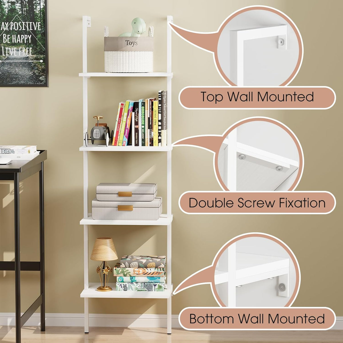 Ladder Shelf 4 Tiers Metal Industrial Bookshelf,White Wooden Tall Open Storage Rack and Display Shelves,Wall Mount Wide Bookcase for Home Office Bedroom,Small