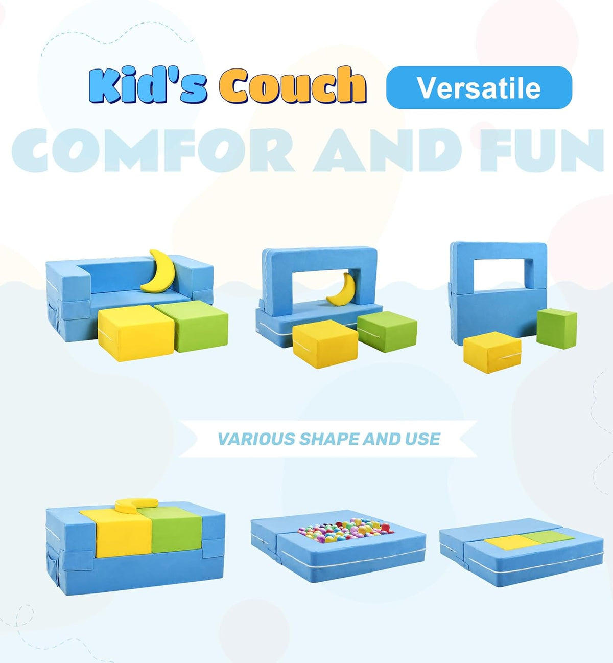 Modular Kids Sofa,Toddler Couch Foam Armchair for Kids,Children Convertible Plush Sofa Play Set,Fold Out SofaBed(Dynami Color)