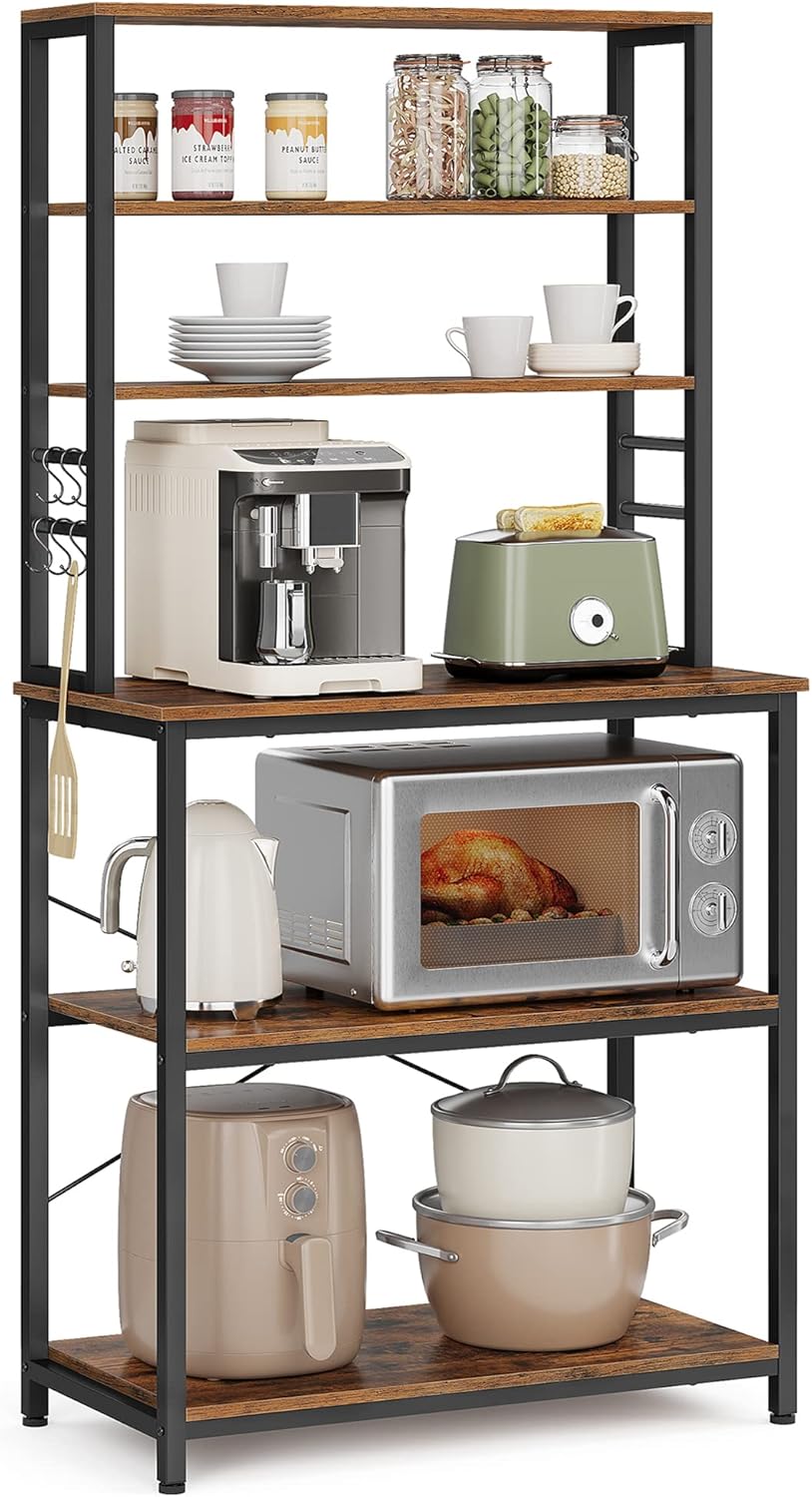 VASAGLE Coffee Bar, 31.5 Inches Baker's Rack for Kitchen with Storage, 6-Tier Kitchen Shelves with 6 Hooks, Microwave Stand, Industrial, Rustic Brown and Black UKKS019B01
