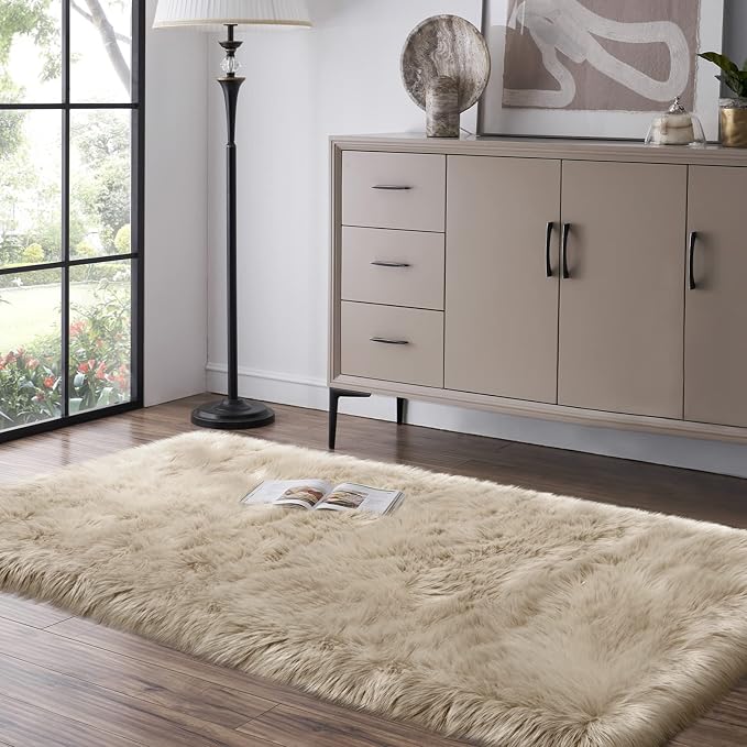 Beige Fluffy Rug for Bedroom, Soft Shag Rug for Sofa Couch Cushion, Cozy Shaggy