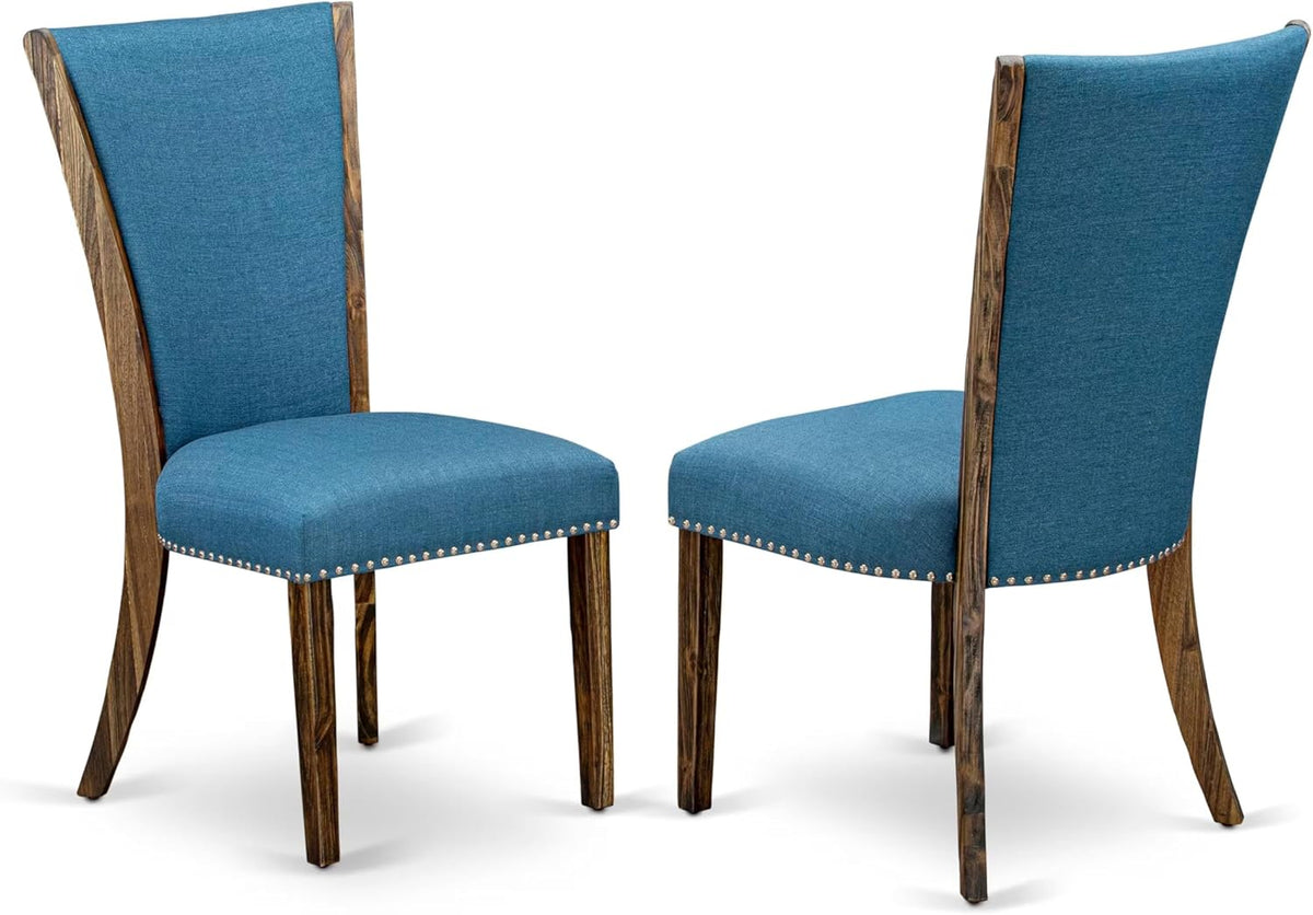 East West Furniture V727VE721-9 9 Piece Dining Set Includes a Rectangle Dining Room Table with V-Legs and 8 Blue Color Linen Fabric Upholstered Parson Chairs, 40x72 Inch, Multi-Color