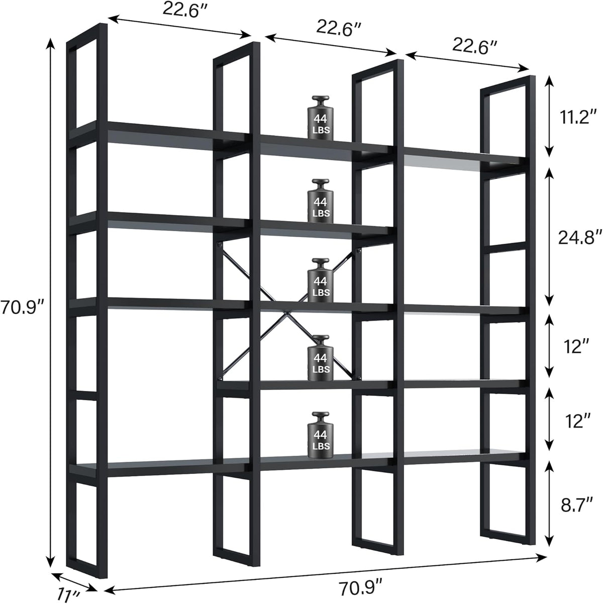 Semoic Large Bookshelf 5 Tiers, Triple Wide Geometric Bookcase, 71 Inches Tall Industrial Book Shelves Etagere Book Case, Sturdy Metal Frame, Freestanding Display Shelving Unit (Black)