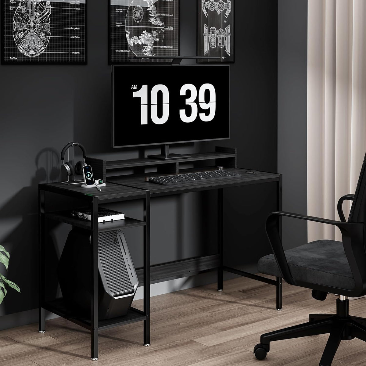 Computer Gaming Desk with Monitor Stand, Home Office Desk Suitable for 2 Monitors, Writing Desk with Adjustable Storage Space,Sturdy and Durable Modern Small Desk (Black, 47 inchs)