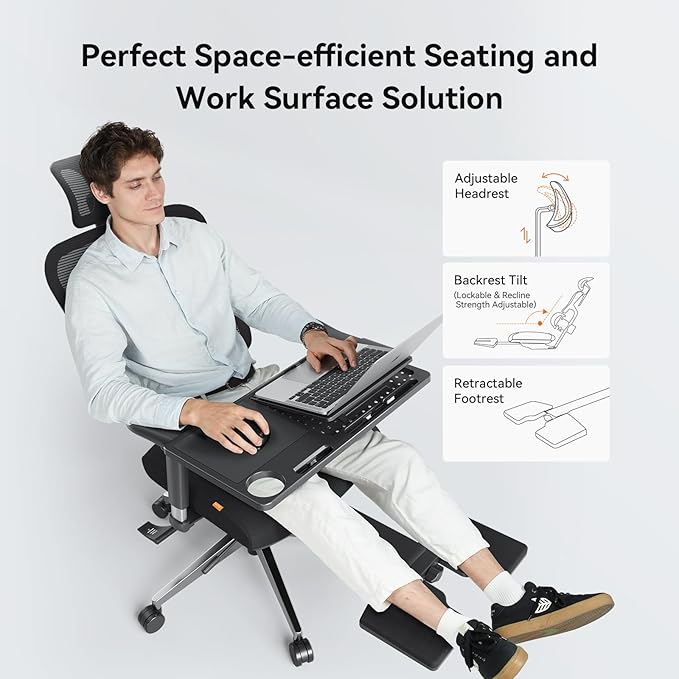 Newtral Office Chair Ergonomic - Home Office Desk Chair, Back Pain Chair with Auto-Following Lumbar Support, 4D Armrest, Seat Depth and Height Adjustable (Foot Rest + Laptop Tray, Black)