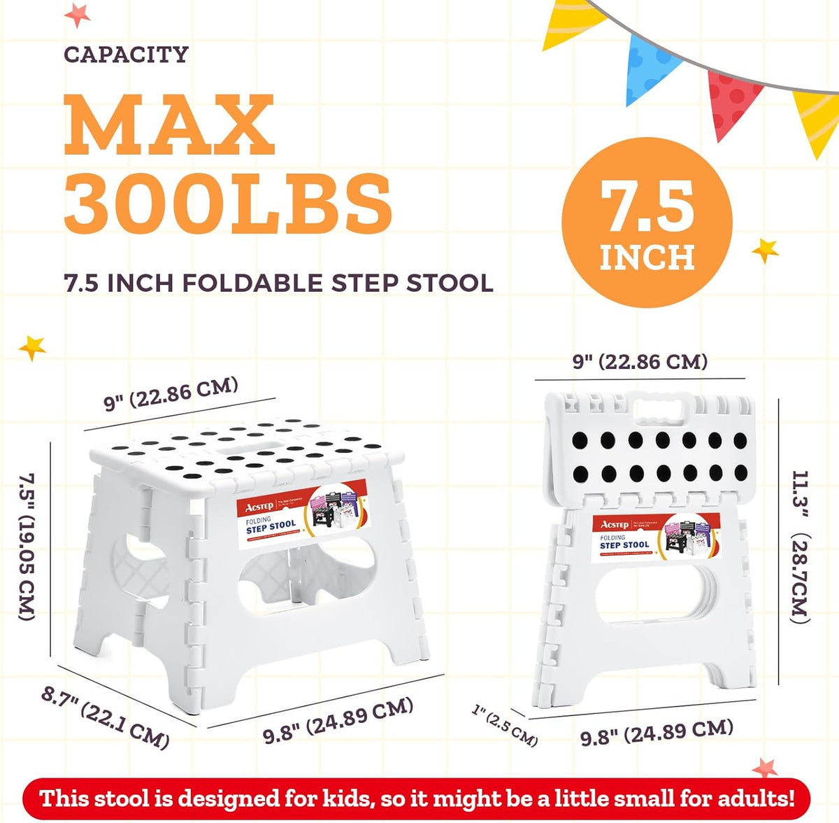 ACSTEP Folding Step Stool, 7.5 Inch Height, 300 lb Capacity, Collapsible, White, Suitable for Kitchen