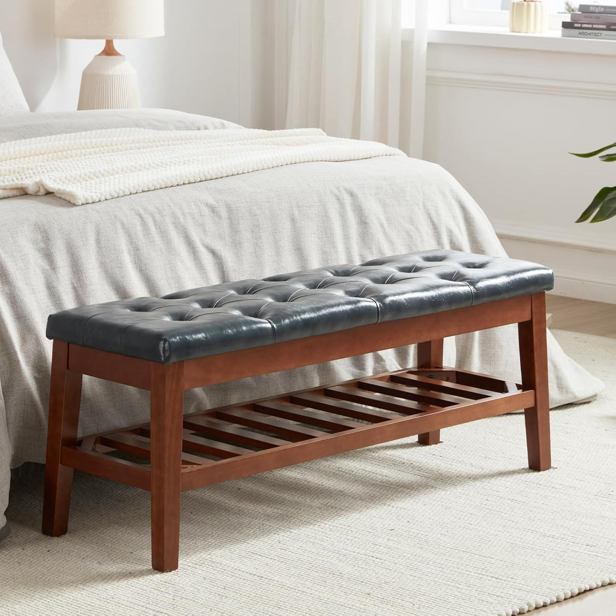 Upholstered Shoe Bench Entryway Bench for Bedroom, End of Bed, Ottoman Bench Tufted Padded Seat with Solid Wood Shelf for Living Room, Faux Leather Ink Blue