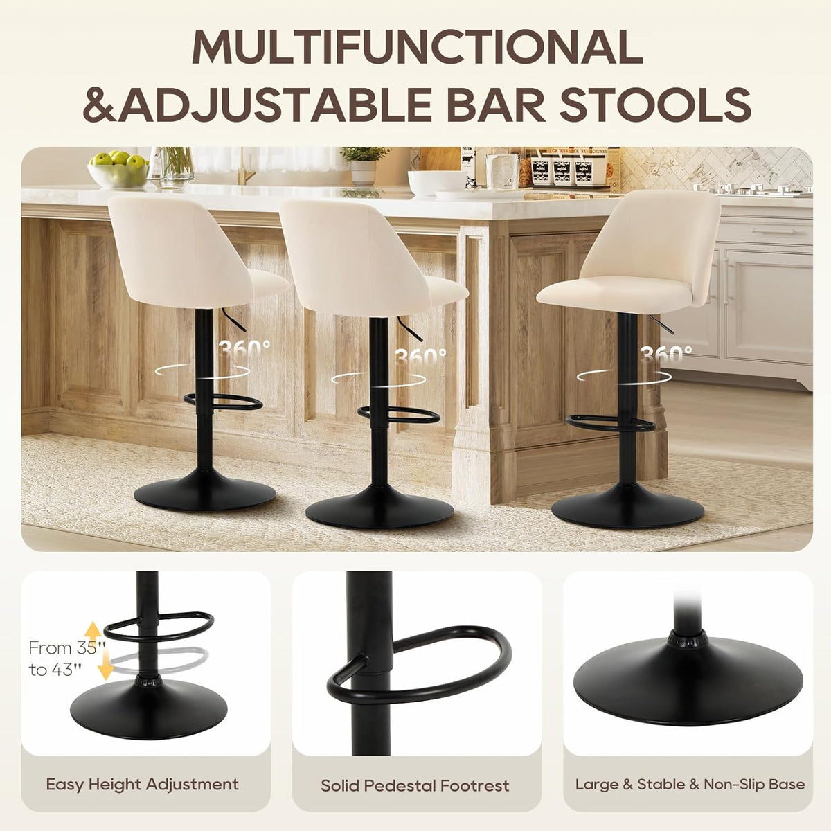 COLAMY Bar Stools Set of 2, Modern Swivel Bar Chairs, Adjustable Upholstered Barstools Counter Height with Full Backrest for Bar, Dining Room, Kitchen Island, Beige