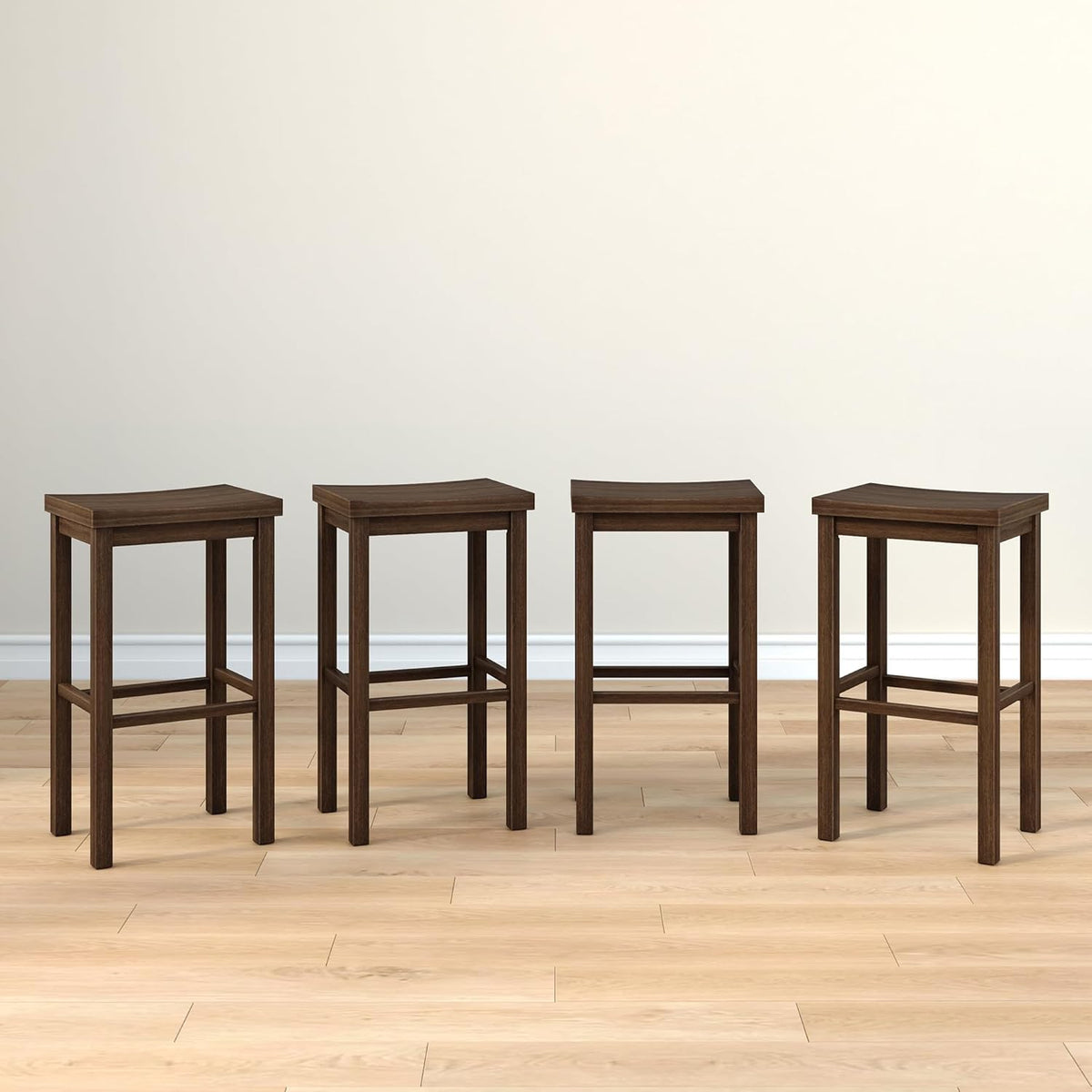 Grain & Grove Smith Collection Set of 4 Solid Wood Bar Stools, 30 inch Saddle-Seat Bar Chairs, Backless, Heavy-Duty Construction, Footrest Support, for Kitchen Islands, Home Bars, and Counters, Walnut