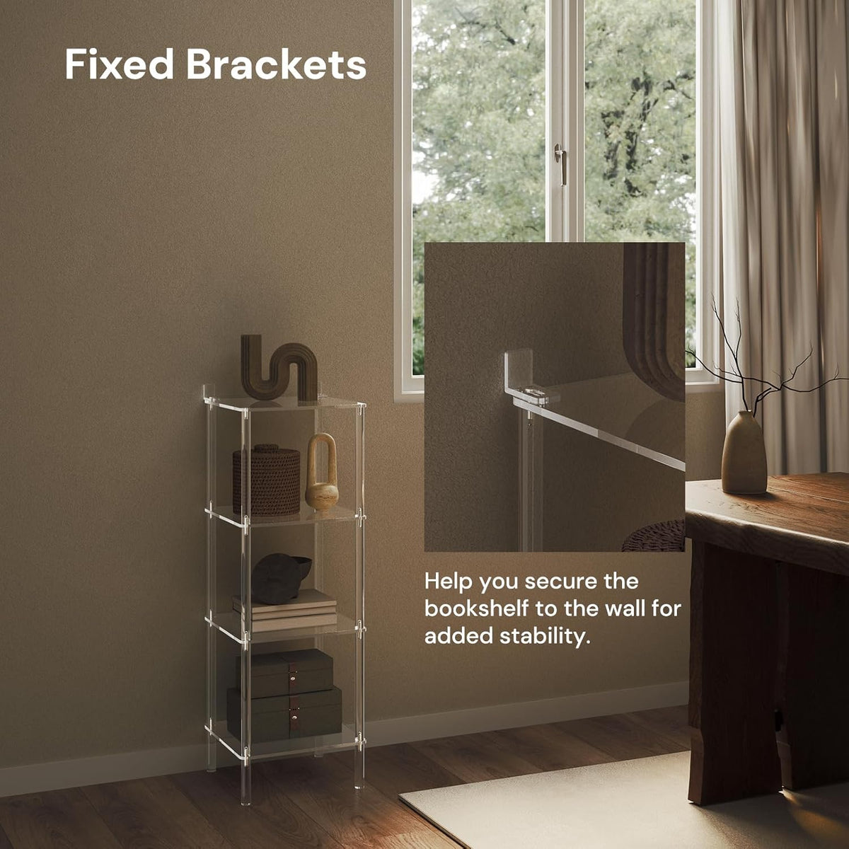 4 Tier Square Acrylic Bookshelf, Small Bookcase with Acrylic Fittings for Fixing to Wall, Corner Display Shelf for Living Room, Bedroom, Bathroom, Small Spaces, Clear, 11.6'' W x 34'' H