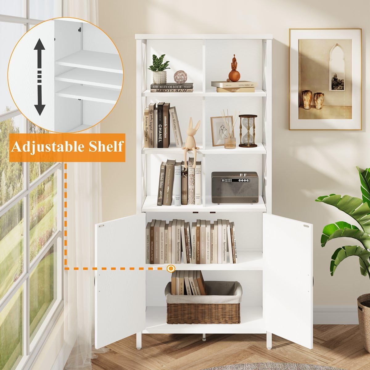 FATORRI Tall Bookshelf and Bookcase, Industrial Bookshelf with Doors, Bookcase with Storage, Cube Storage Organizer Bookshelves, Wood Book Shelf for Living Room, Home Office (White Oak, 67 Inch)