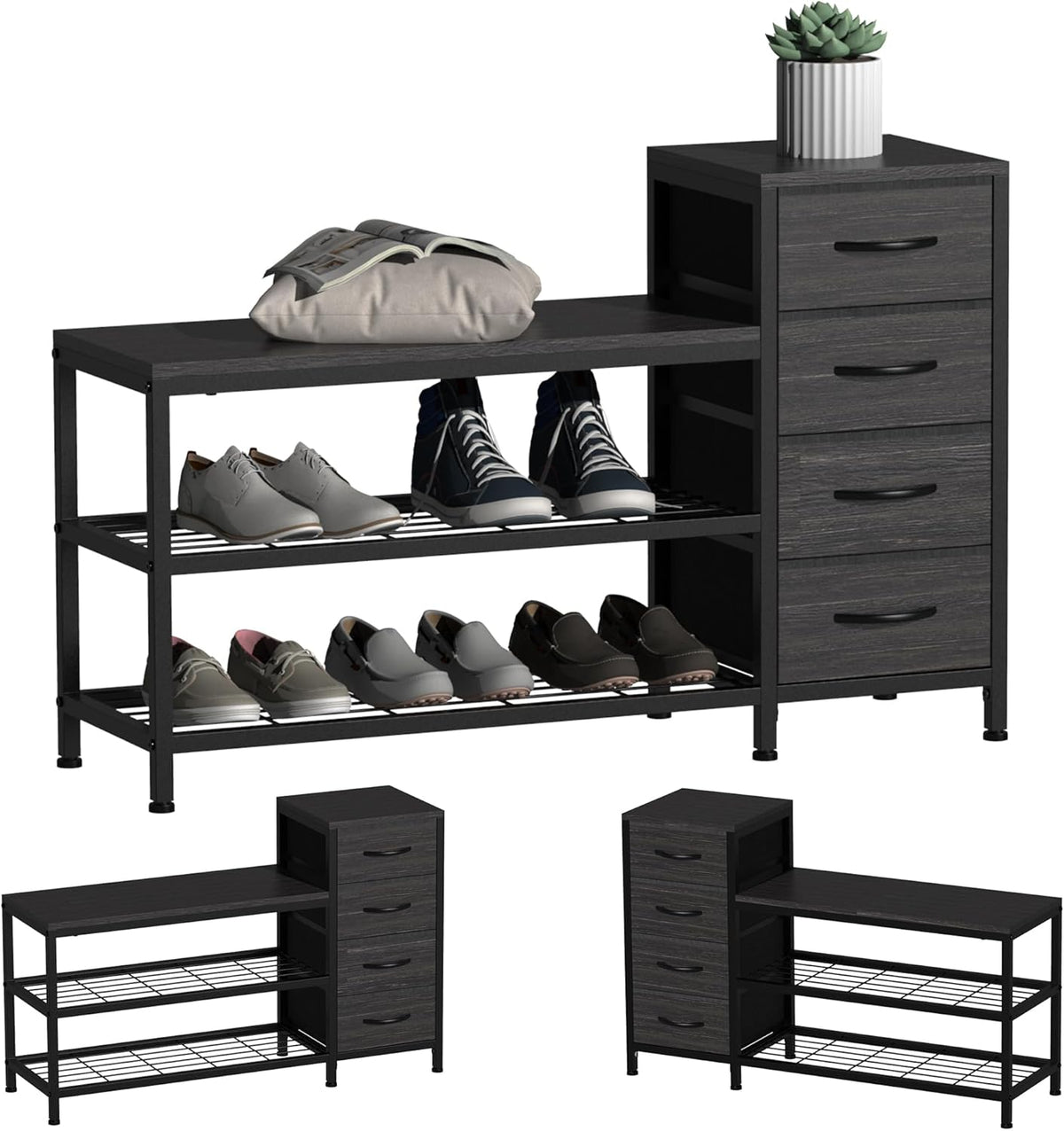 EXOTICA 3 Tier Entryway Bench Shoe Storage Bench with 4 Fabric Drawers Metal Frame and Wooden Board Shoe Rack Bench with Seat for Entryway Hallway Front Door Doorway