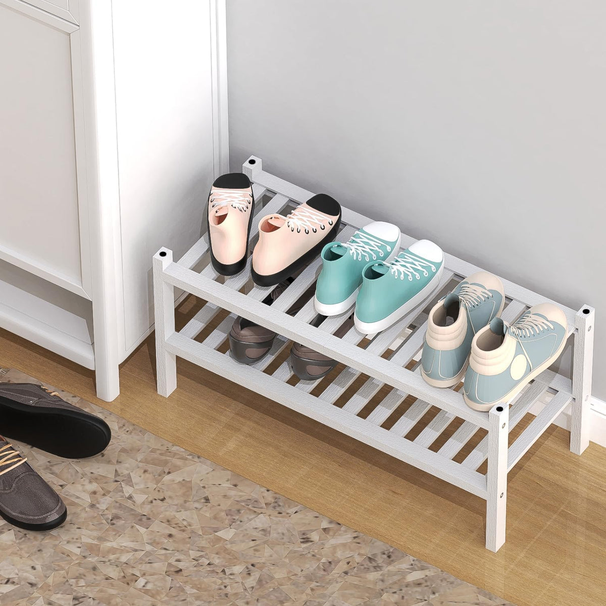 Shoe Rack 2-Tier Organizer-Stackable Storage Shelf with Multi-Function Combinations-Free Standing Bamboo Shoe Racks for Closet,Entryway,Hallway,Bathroom,Living Room Shoe Organization (White, 2-Tier)