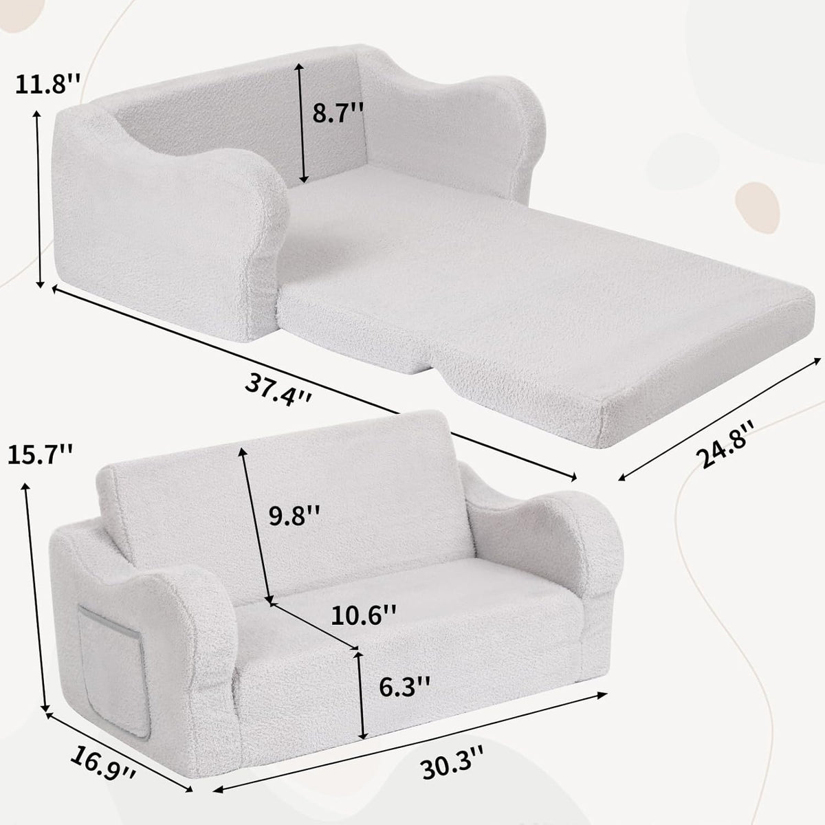 Extra Wide Toddler Chair, 2-in-1 Toddler Couch Fold Out, Convertible Sherpa Sofa to Lounger for Boys & Girls, Grey