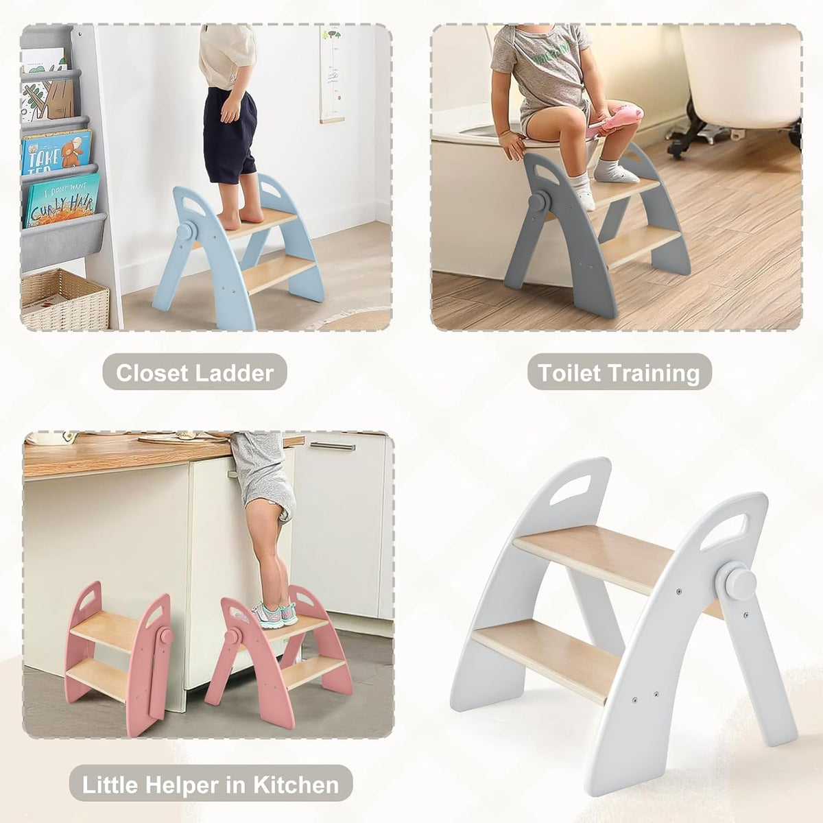 Wooden 2 Step Stool for Kids Bathroom Sink Foldable Anti-Slip 2-Step for Toilet Potty Training, Child Stepping Stool for Kitchen Nursery Bedroom, Sturdy Non Slip Adult Stool for Closet