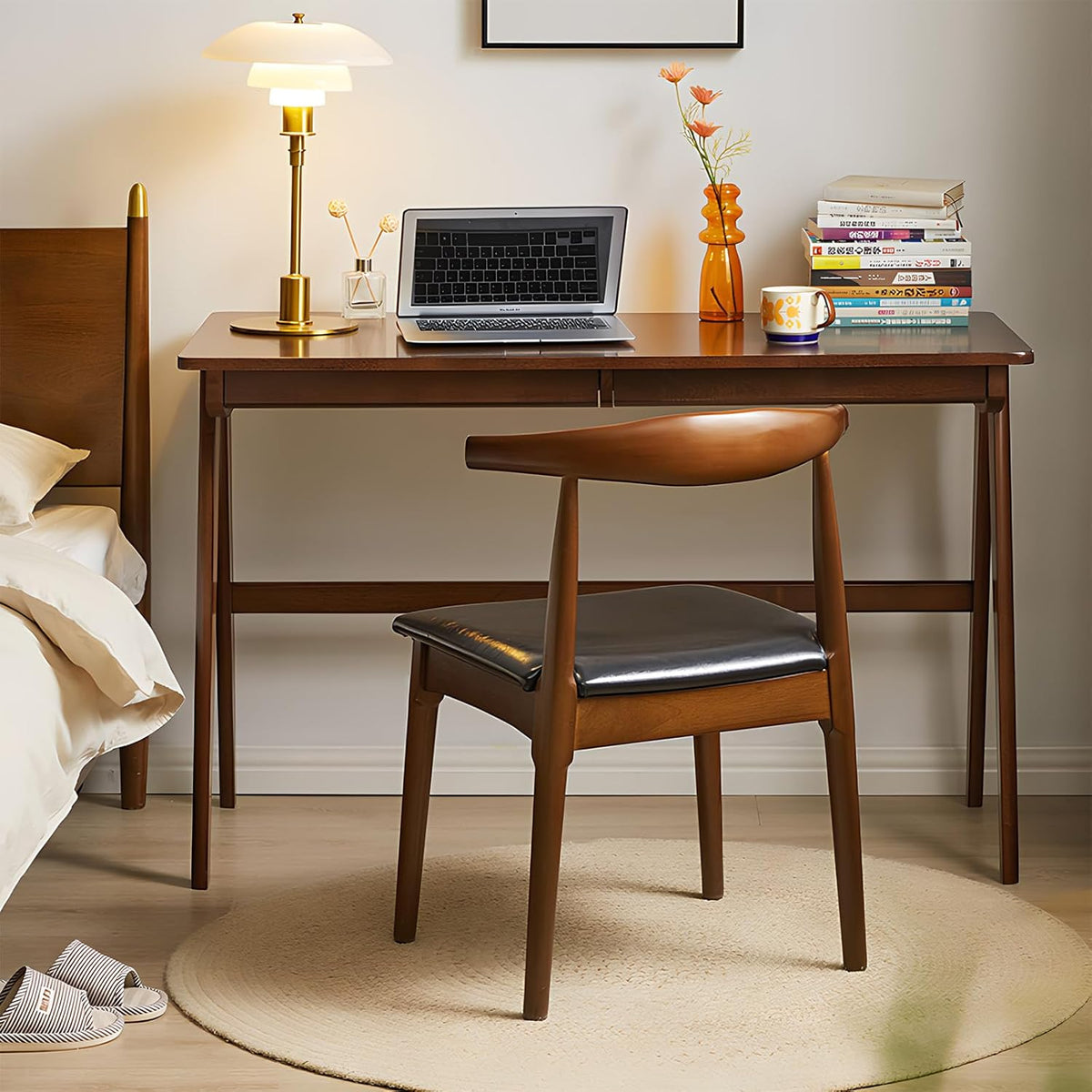 Computer Desk with Drawers, Solid Wood Writing Desk, Mid Century Modern Home Office Desks, Oak Study Table, Small Desk for Bedroom, 29.1 H x 39.4 W x 21.7 D Inches, Walnut