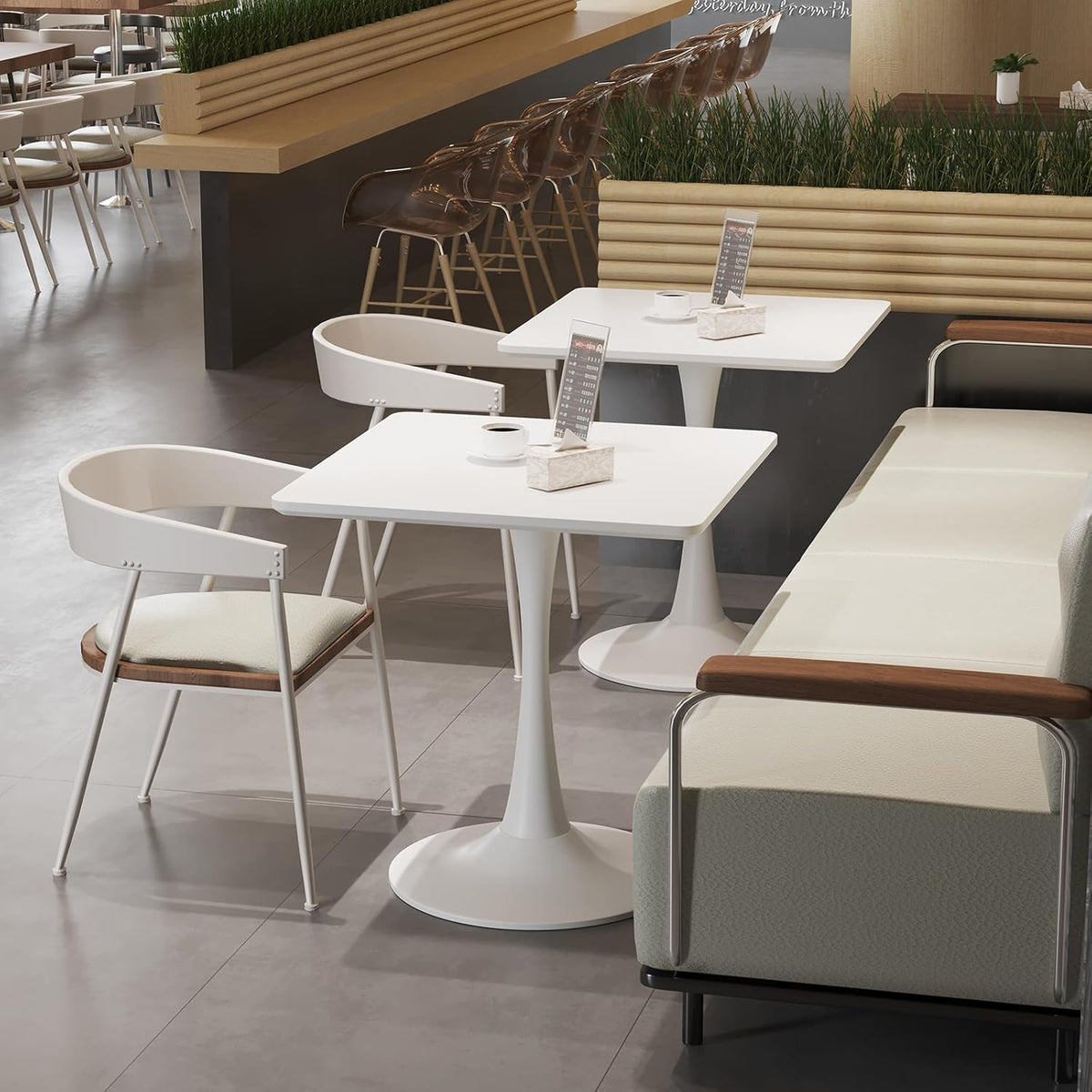 White Square Tulip Table for 2 Person, 24 Inch Small Dining Table with Metal Pedestal Base for Kitchen, Mid Century Modern Table with Round Corners for Living Room, Cafe, Office, Pub, Bar, Bistro