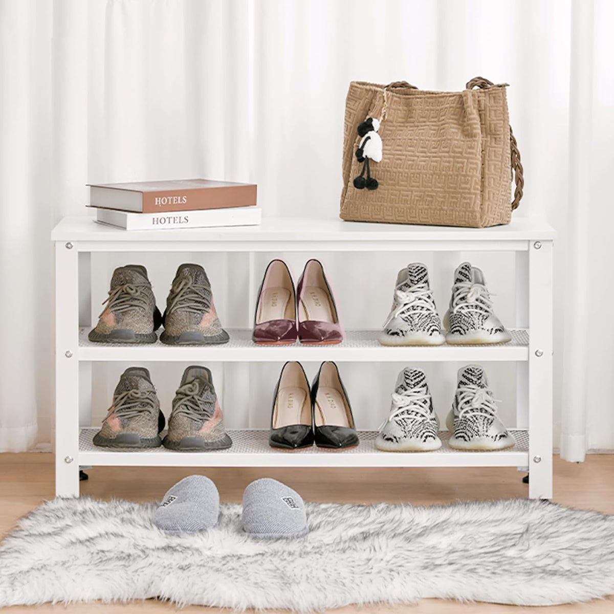 Apicizon White Shoe Rack, 35.5 Inches 3-Tier Shoe Rack for Entryway with Long Seat and Metal Shelves for Garage, Entryway Bench for Hallway Front Door, Mudroom, Doorway, Living Room, Bedroom