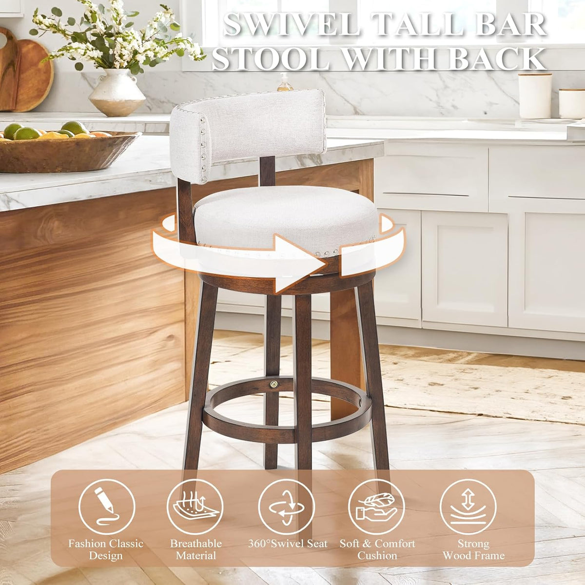 COLAMY Swivel Bar Stools Set of 2, 30 Inch Swivel Bar Height Bar Stools, Wood Swivel Barstools with Back, Modern Upholstered Wooden Barstools for Kitchen Island Dining Room Bar, Beige