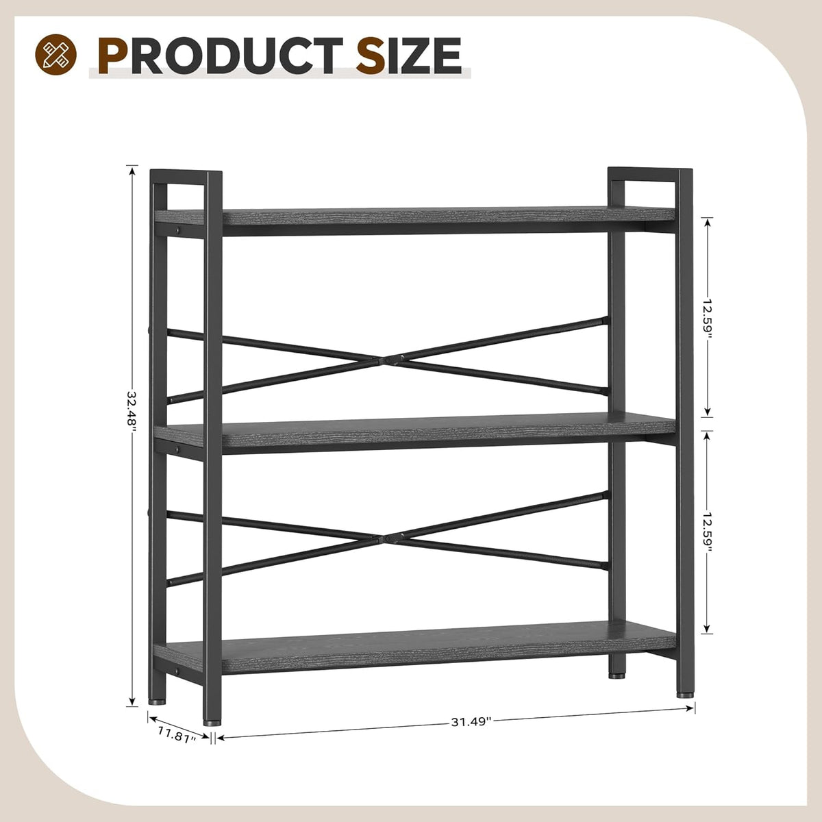 Book Shelf, 3 Tier Bookshelf 31.49" Width, Book Shelf Storage and Organization, Wooden and Metal Industrial Bookcase, Large Book Shelves for Home Living Room Bedroom Office Storage(Grey)