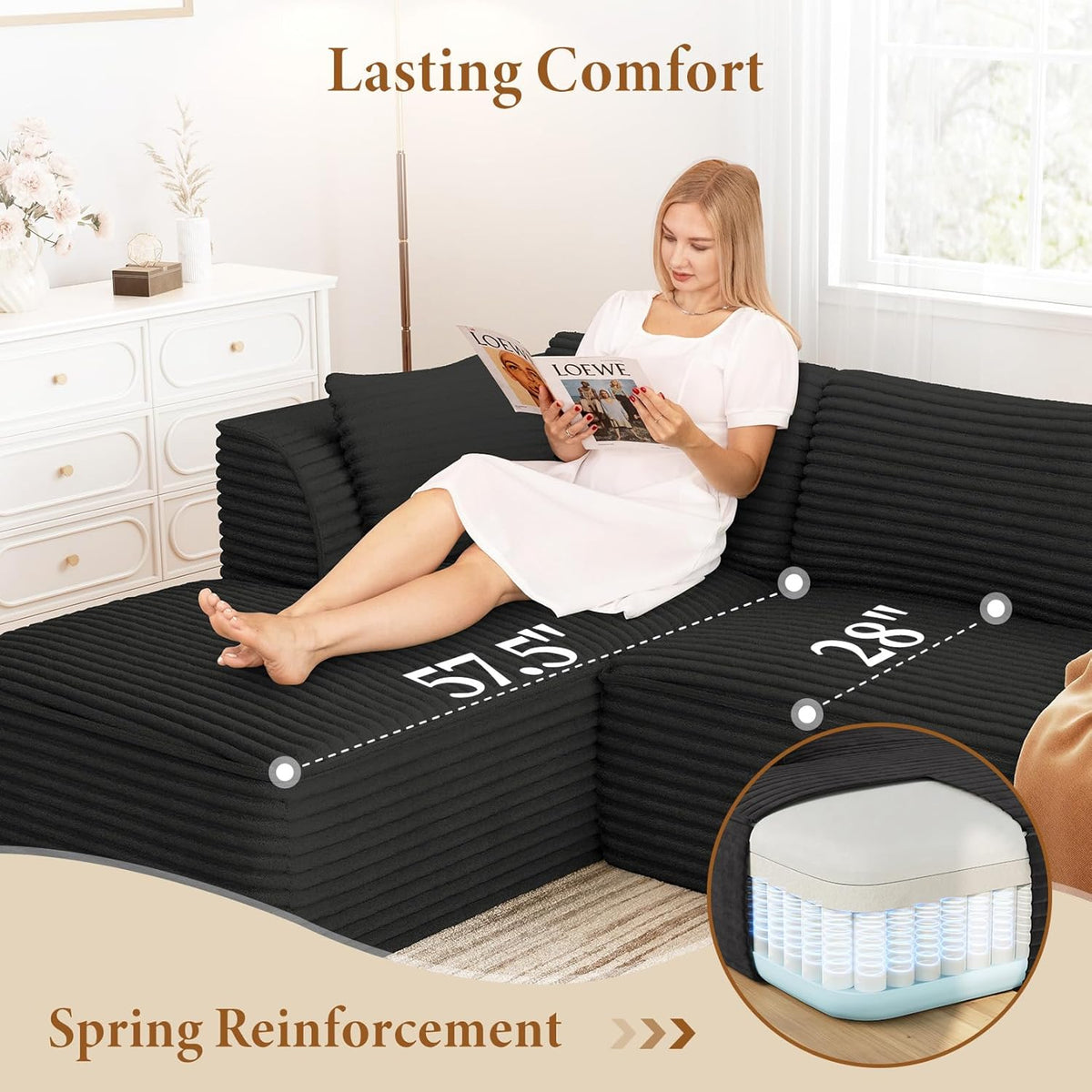 Vesgantti 106" Boneless Couch with Chaise, Deep Seat Comfy Cloud Modular Sofa Corduroy Memory Foam Sectional Couches for Living Room Bedroom, No Assembly Required (Black, Left-Facing Chaise)