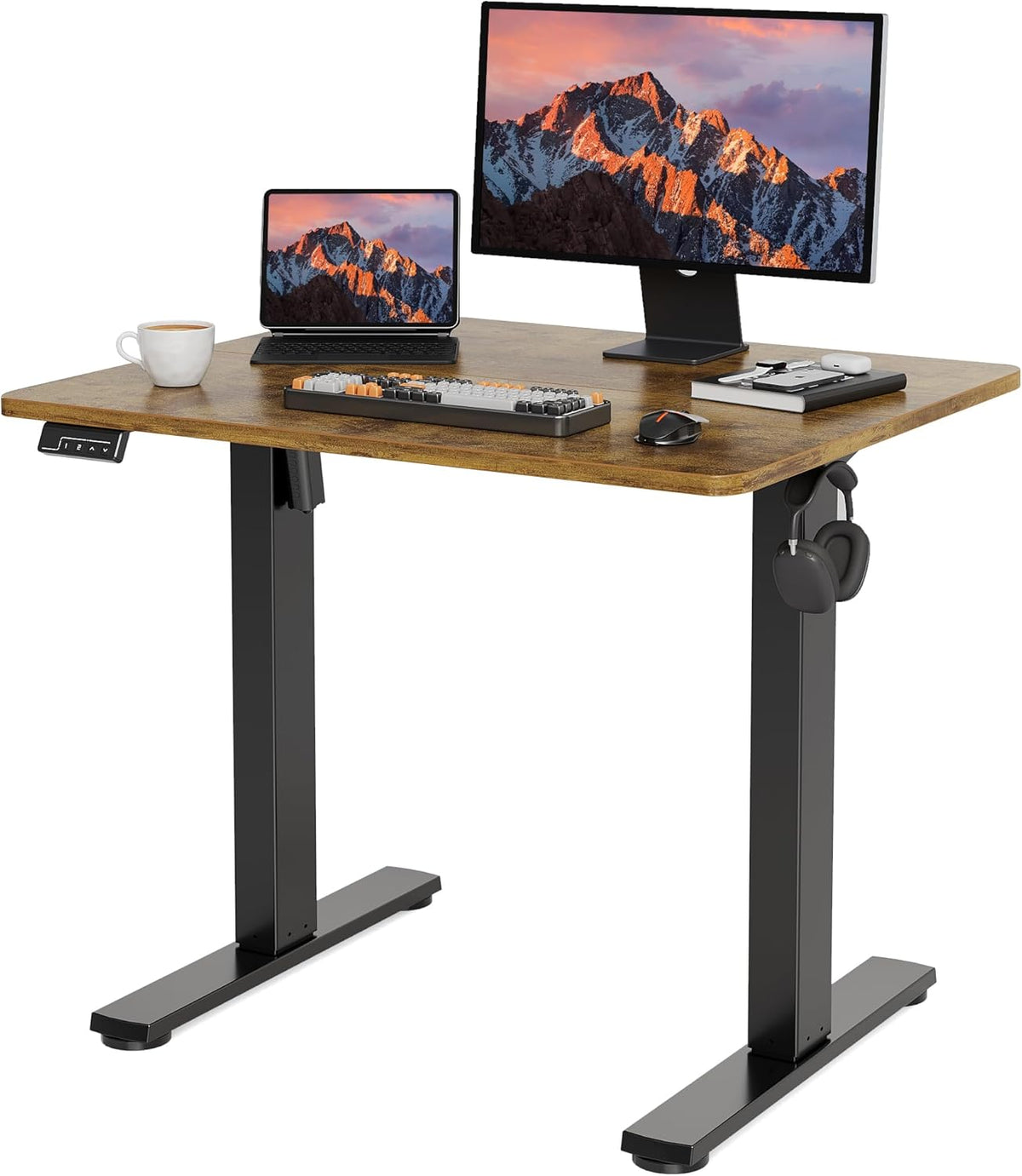 Electric Standing Desk Adjustable Height, 32x20 Inches Sit Stand up Desktop for Home Office, Ergonomic Rising Computer Table with Memory Preset, Rustic Brown