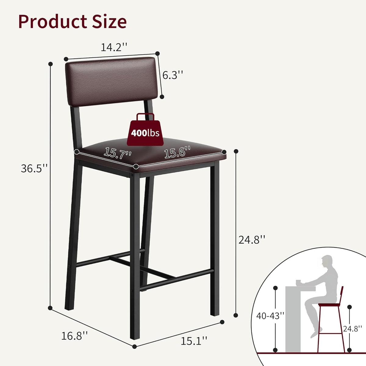 GarveeHome Bar Stools Set of 2, Counter Stools with Back and Thickened Metal Legs, Upholstered PU Leather Counter Height Barstools with Footrest, for Kitchen Island, Bar, Dark Brown