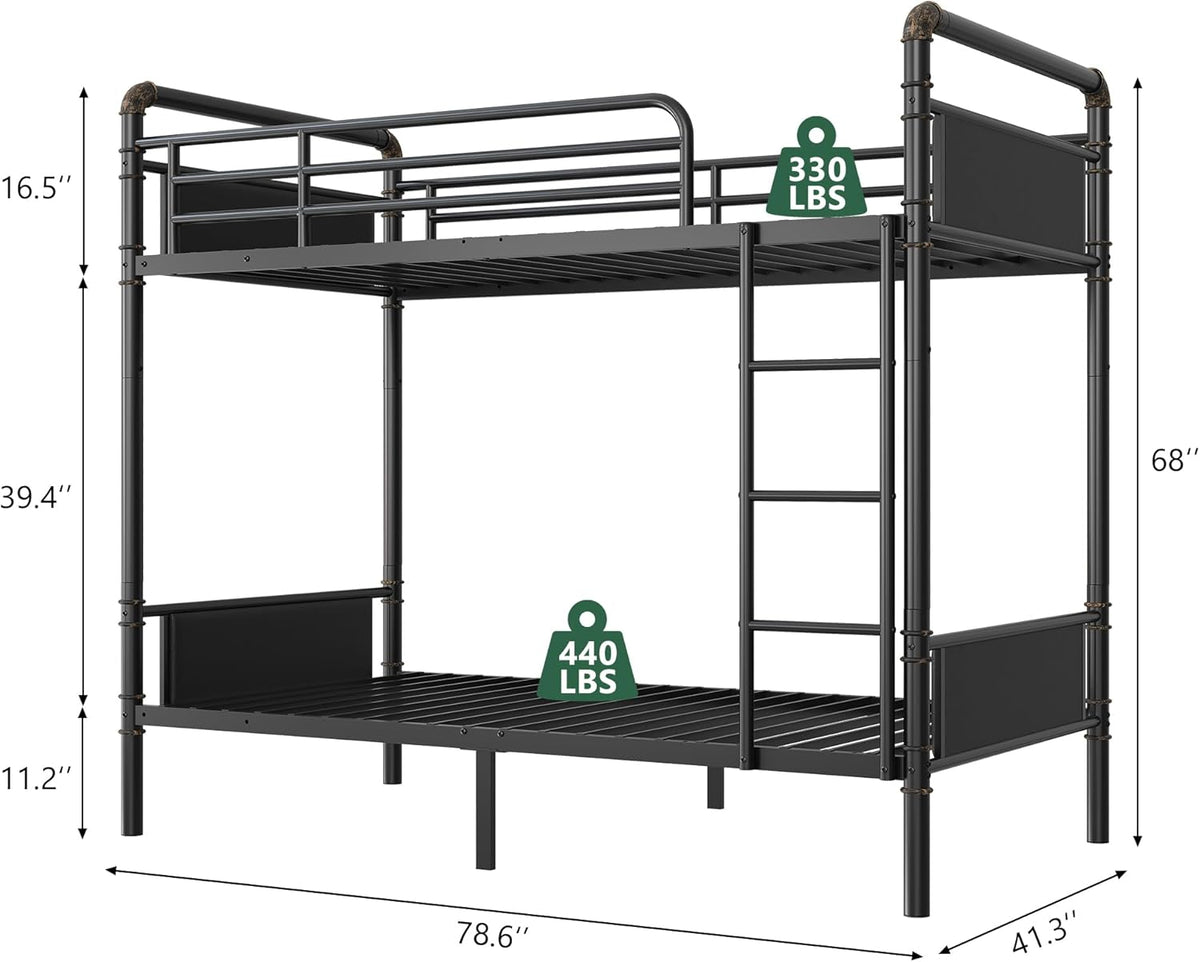 Metal Bunk Bed Twin Over Twin, Industrial Bunkbeds Heavy Duty Bed with Safety Guard Rails and Space-Saving Design, Steel Bed for School, Bedroom (Black)