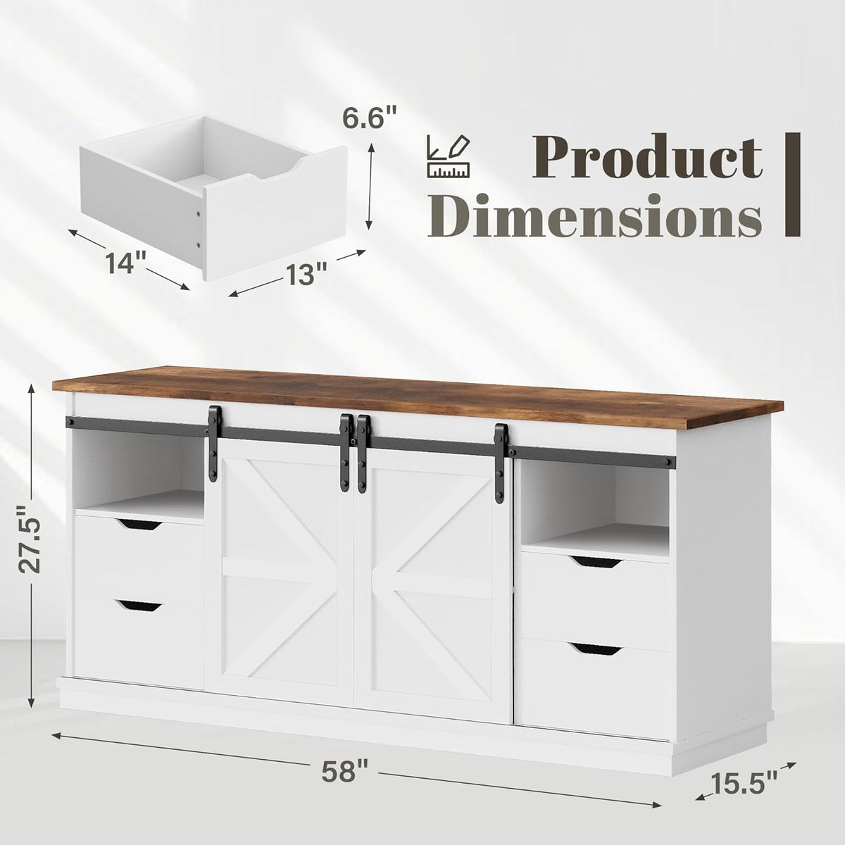 YESHOMY TV Stand for Televisions up to 65 Inchs, with Sliding Barn Doors and 4 Storage Drawers, Console Table and Media Furniture for Living Room, 58 Inch, Milk White