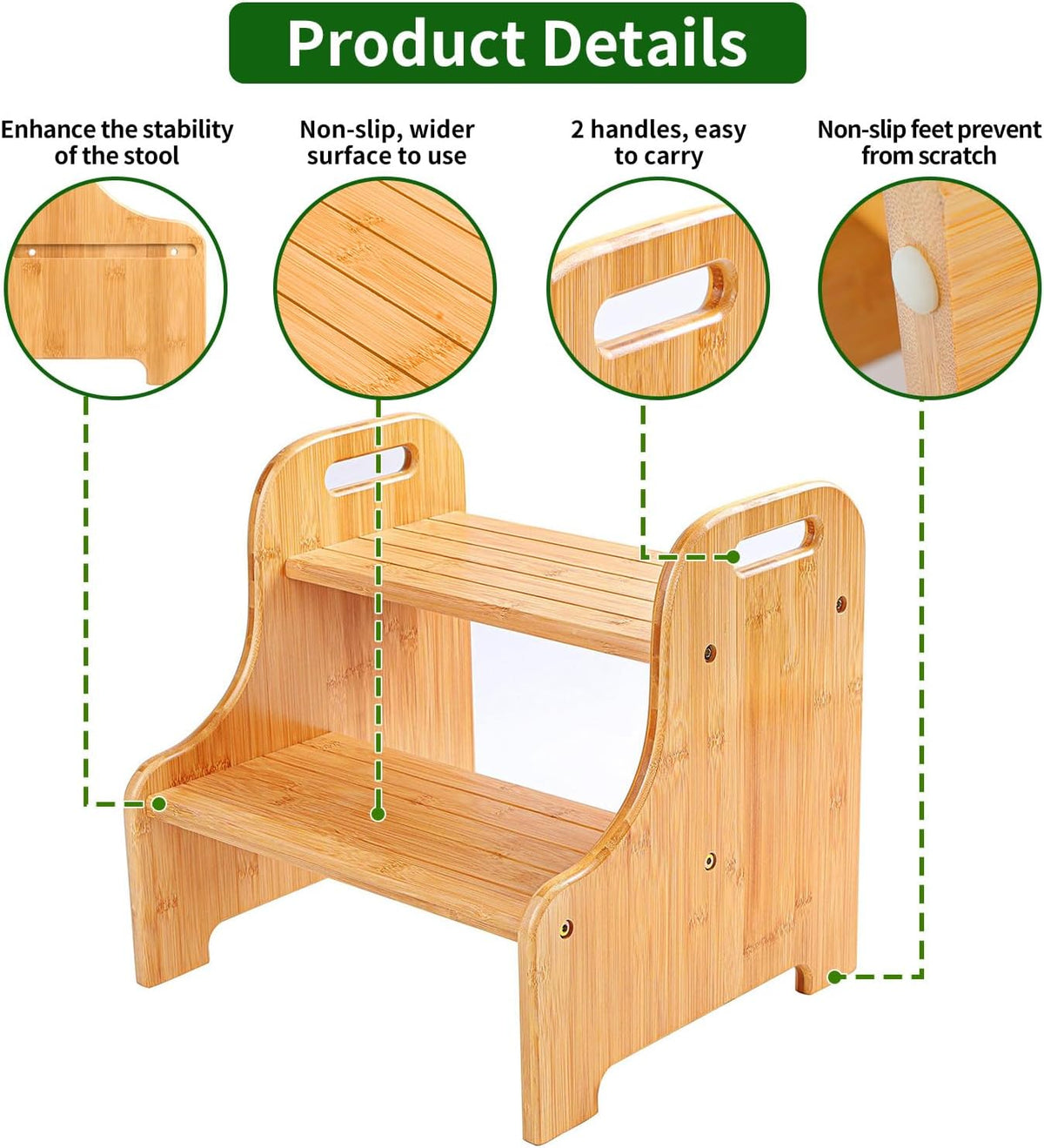 VaeFae Bamboo 2 Step Stool with Non-Slip Step Treads and 2 Cutout Handles