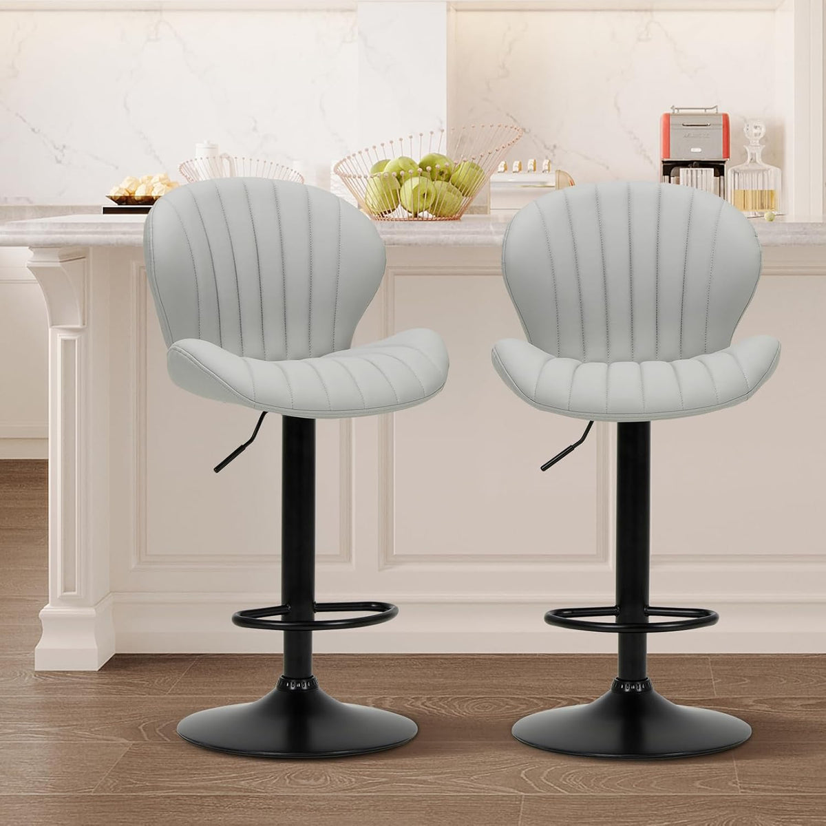 COLAMY Bar Stools Set of 2, Modern Swivel Bar Chairs, Adjustable Faux Leather Upholstered Barstools Counter Height with High Backrest for Bar, Kitchen Island, Dining Room, Grey