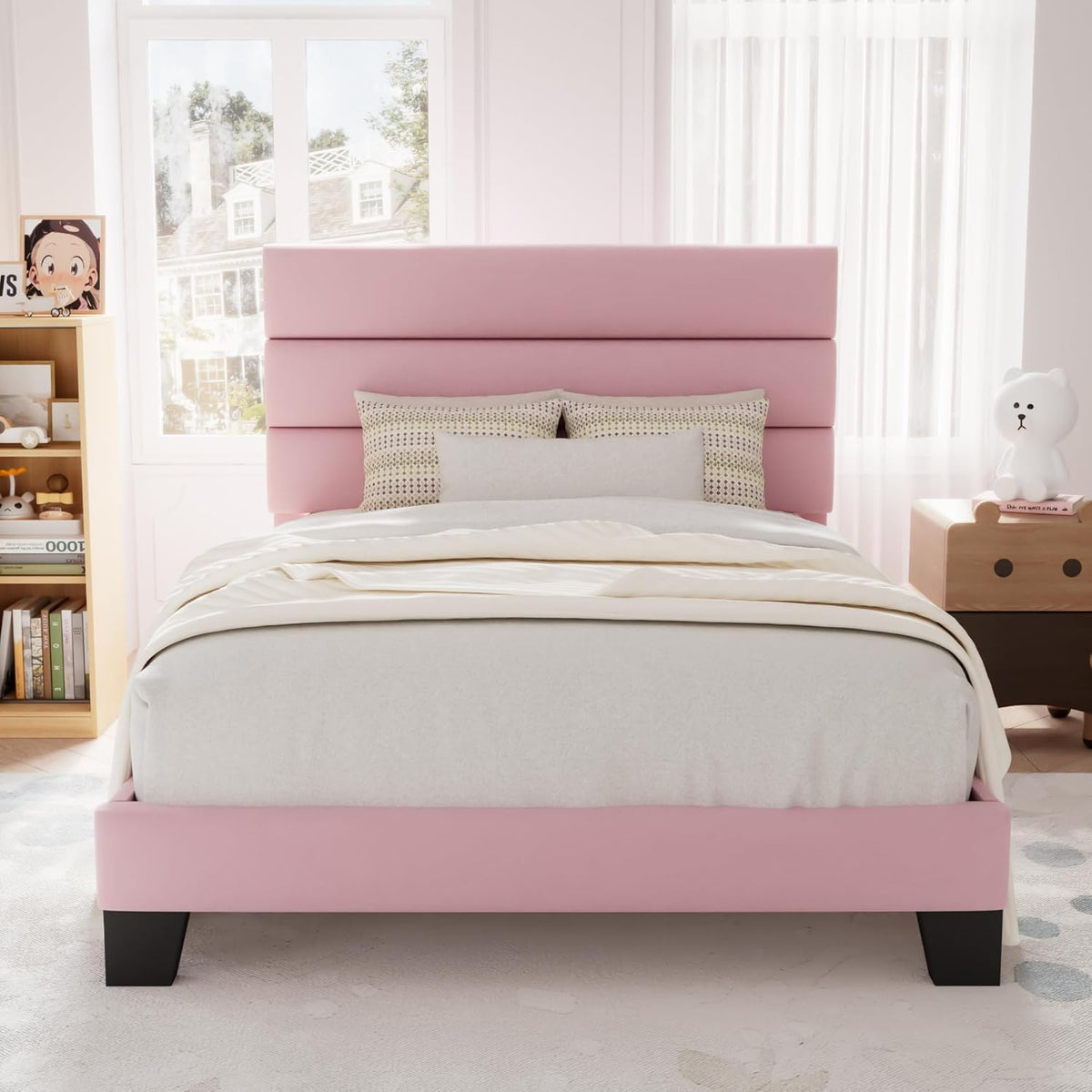 Allewie Twin Size Platform Bed Frame with Velvet Upholstered Headboard and Wooden Slats Support, Fully Upholstered Mattress Foundation/No Box Spring Needed/Easy Assembly, Pink