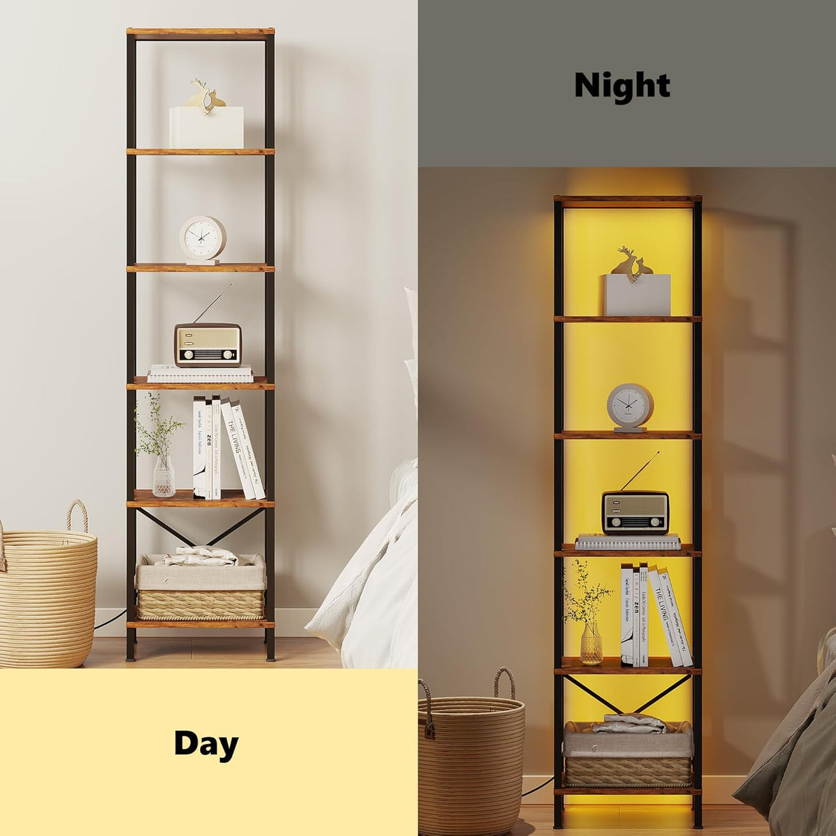 6-Tier Bookshelf, Tall Narrow Bookcase with LED Lights, Book Shelf with Steel Frame, Display Storage Shelf for Living Room, Bedroom, Home Office, Study, Balcony, Rustic Brown