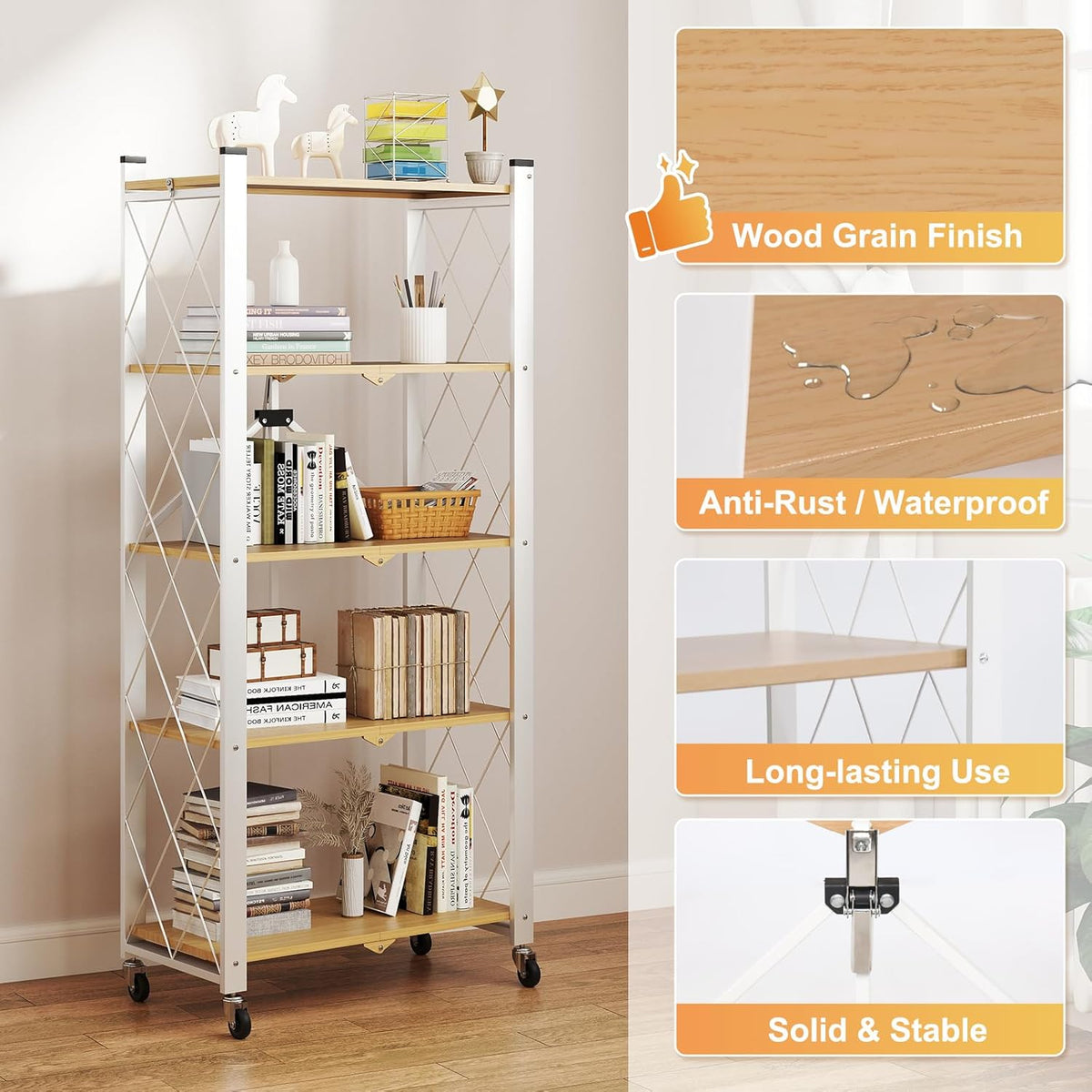 BAOYOUNI 5-Tier Vintage Industrial Bookshelf - No Assembly Folding Storage Shelf with Woodgrain Finish | Collapsible Metal Bookcase for Living Room, Office & Bedroom
