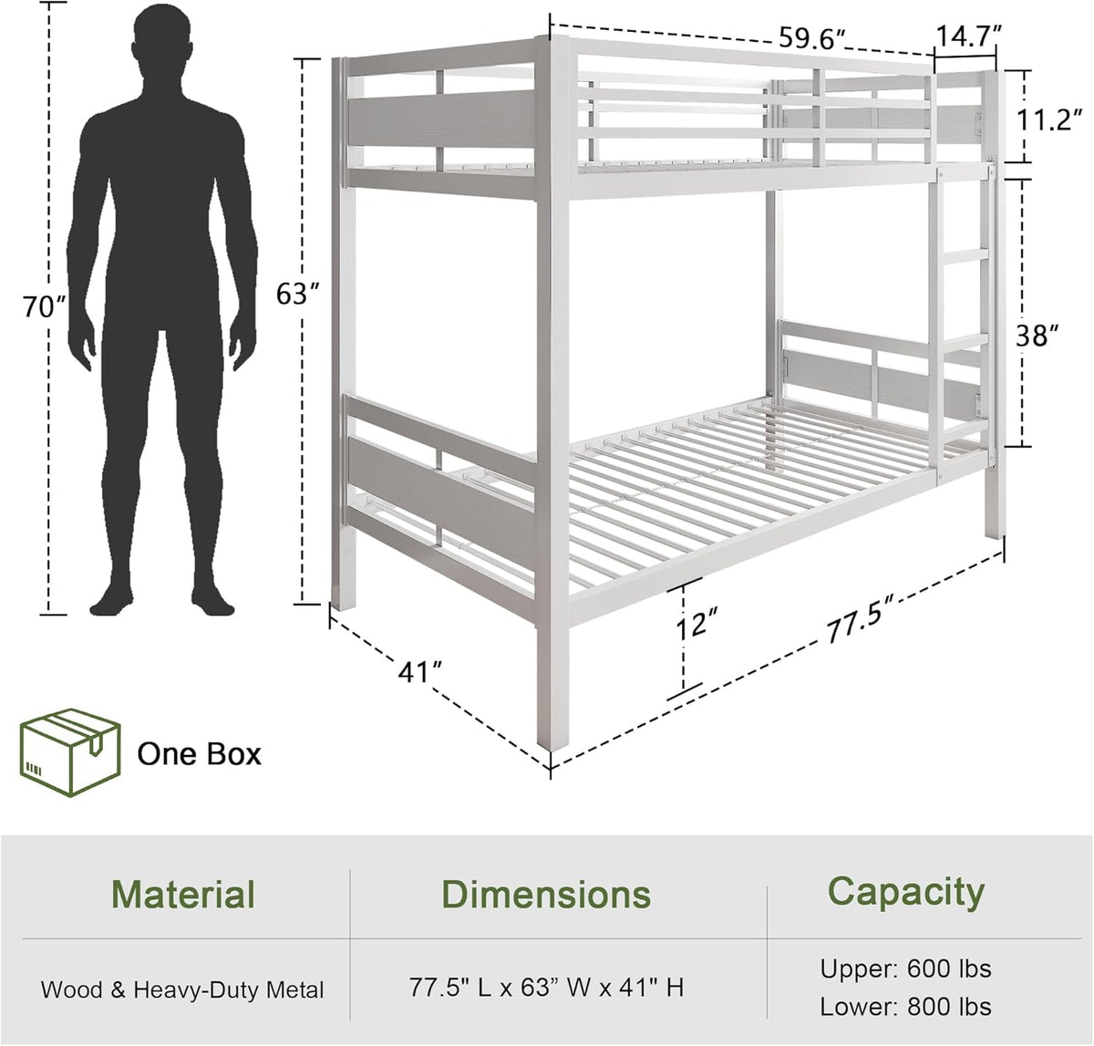 Feonase Metal Bunk Bed Twin Over Twin with Ladder and High Guardrail, Heavy-Duty Metal Slats Support, Noise Free, No Box Spring Needed, for Kids and Juniors, Black