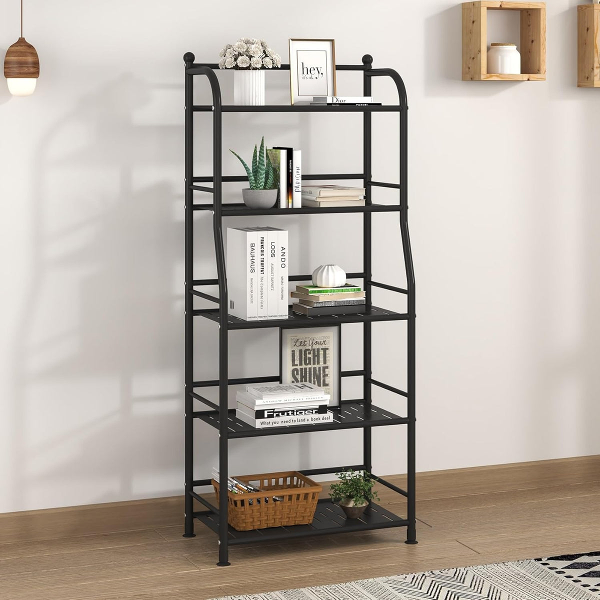 5 Tier Metal Shelf Storage Shelves Living Room Bookshelf Bathroom Corner Storage Rack for Kitchen,Indoor Plant Stand (Matte Black, 5 Tier)