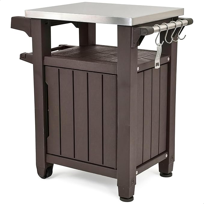 Keter Unity Portable 40 Gal Outdoor Table and Storage Cabinet w/Accessory Hooks, Stainless Steel Top for Patio Kitchen Island or Bar Cart, Dark Brown